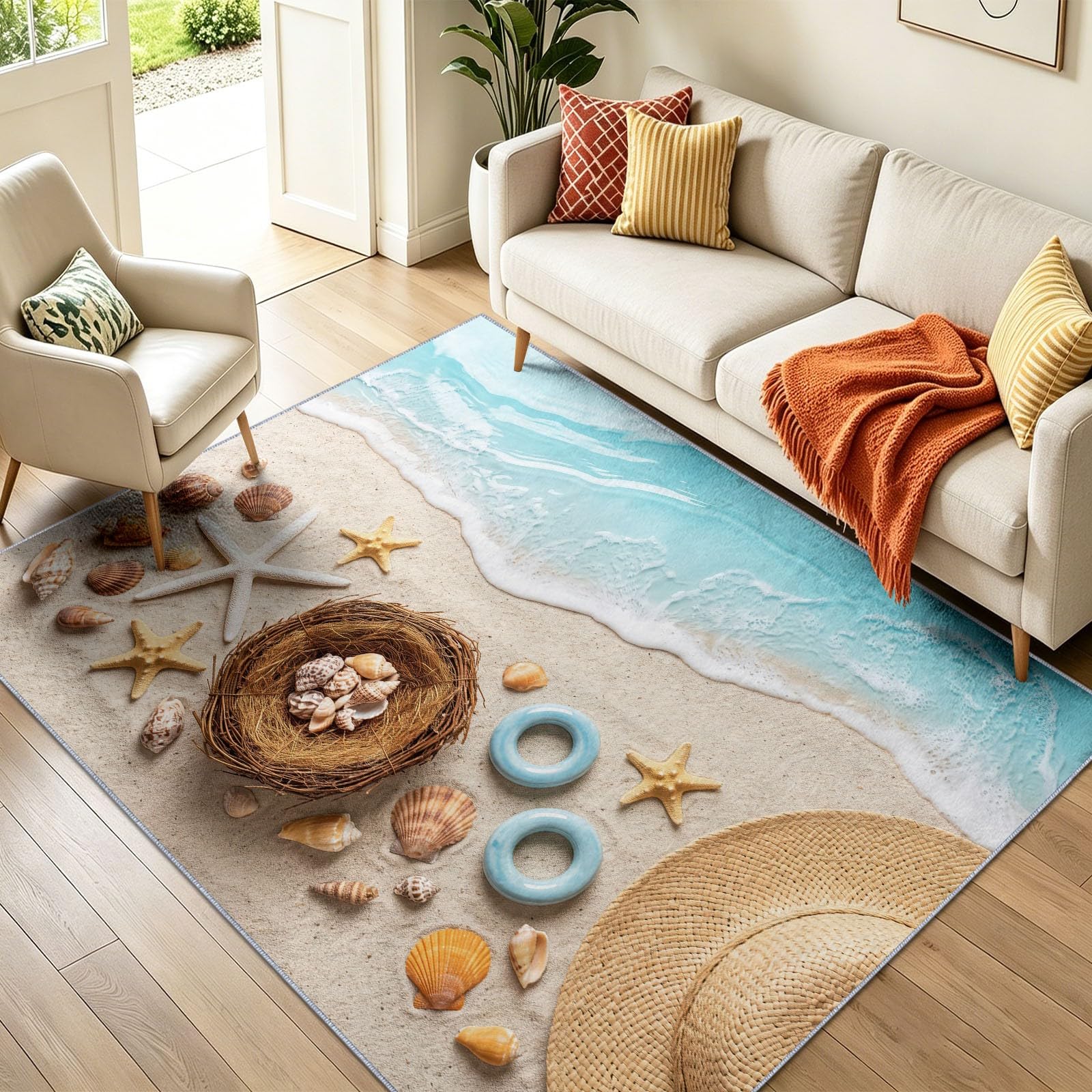 Dywan do salonu, 60 x 110 cm, beżowy, nadaje się do prania, na wakacje na wybrzeżu, antypoślizgowy, miękki, zmywalny obszar, do salonu, sypialni, jadalni, biura, niskie runo, plaża, rozgwiazda