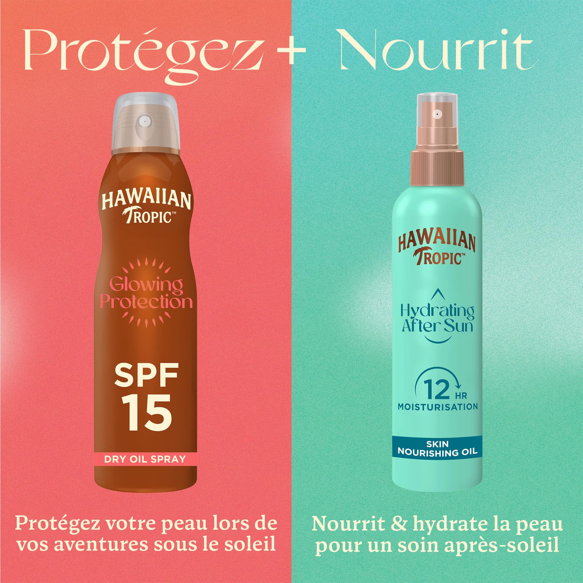 Hawaiian Tropic Brume huile sèche Glowing Protection, Résistante à l’eau, Protection SPF 15, UVA + UVB, Écran solaire en spray, Senteur tropicale, Huile solaire aux plantes des îles, 177 ml