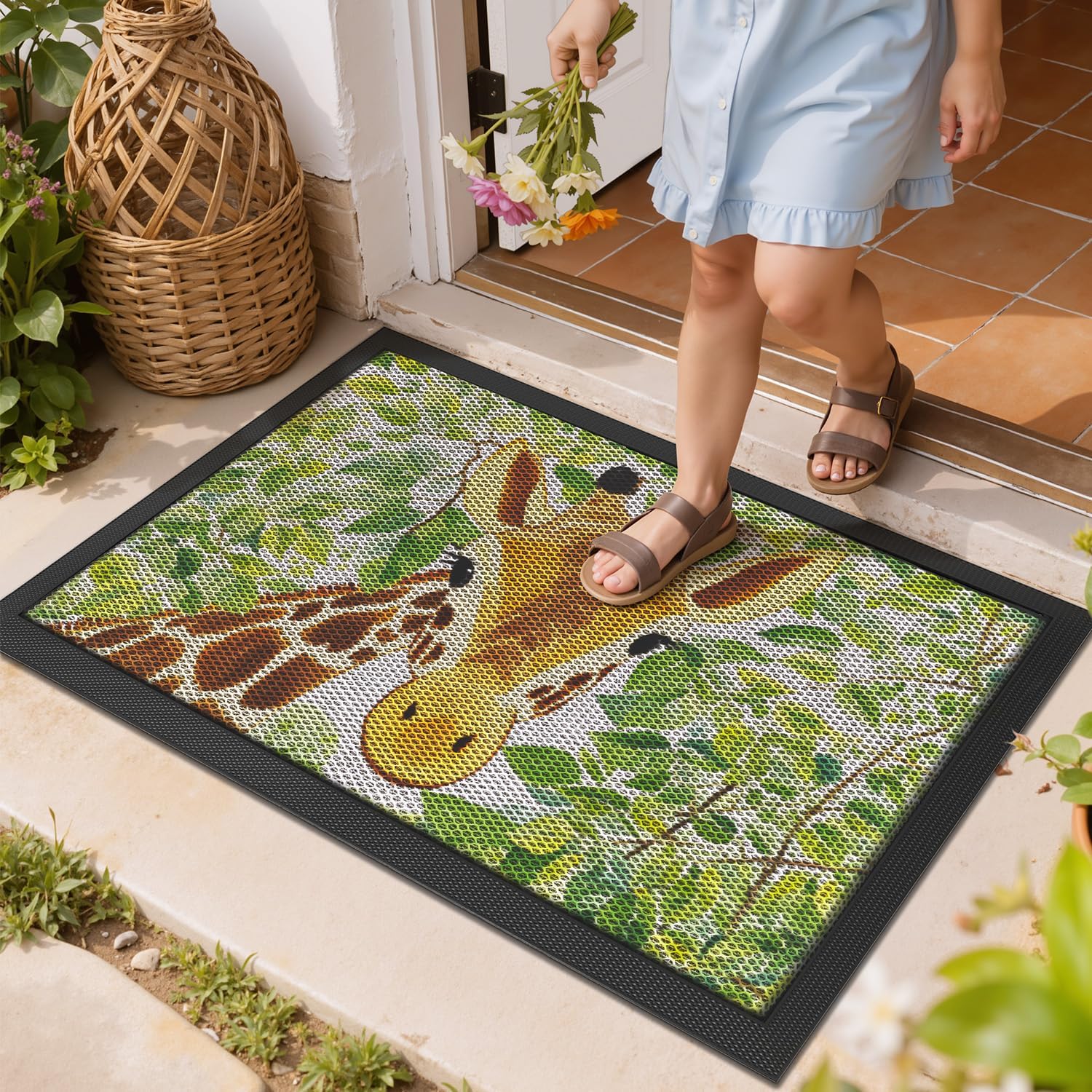 Condition photo showing New/Like New for lumi outside door mat 17x30, non slip rubber backing doormat, low profile easy clean entrance mats for front back door entryway porch garage, giraffe giraffe 17"x30"