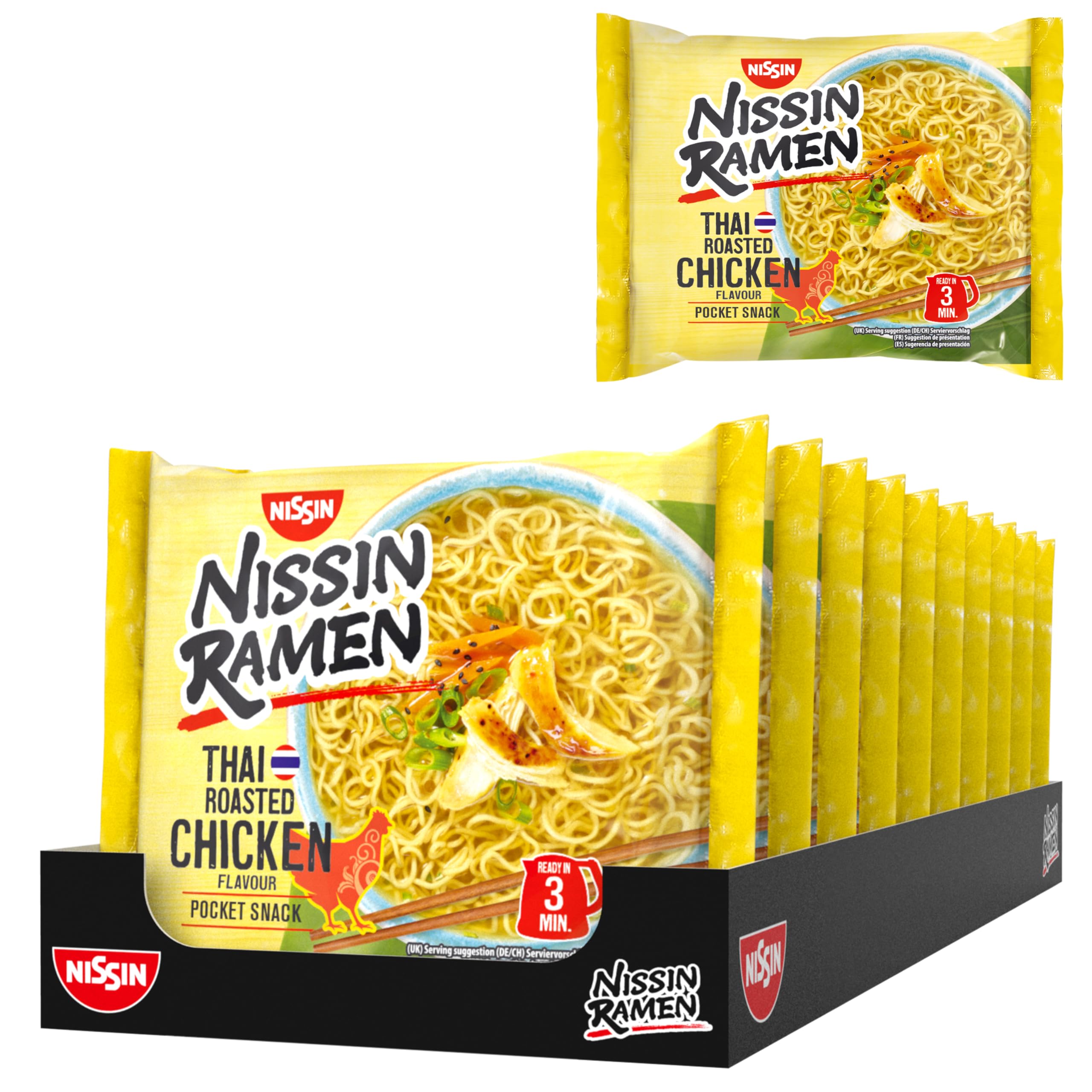 Nissin Ramen - Thai Roasted Chicken, 10er Pack, Instant-Nudeln asiatischer Art, nach thailändischer Rezeptur, schnell & einfach zubereitet, asiatisches Essen (10 x 65 g)