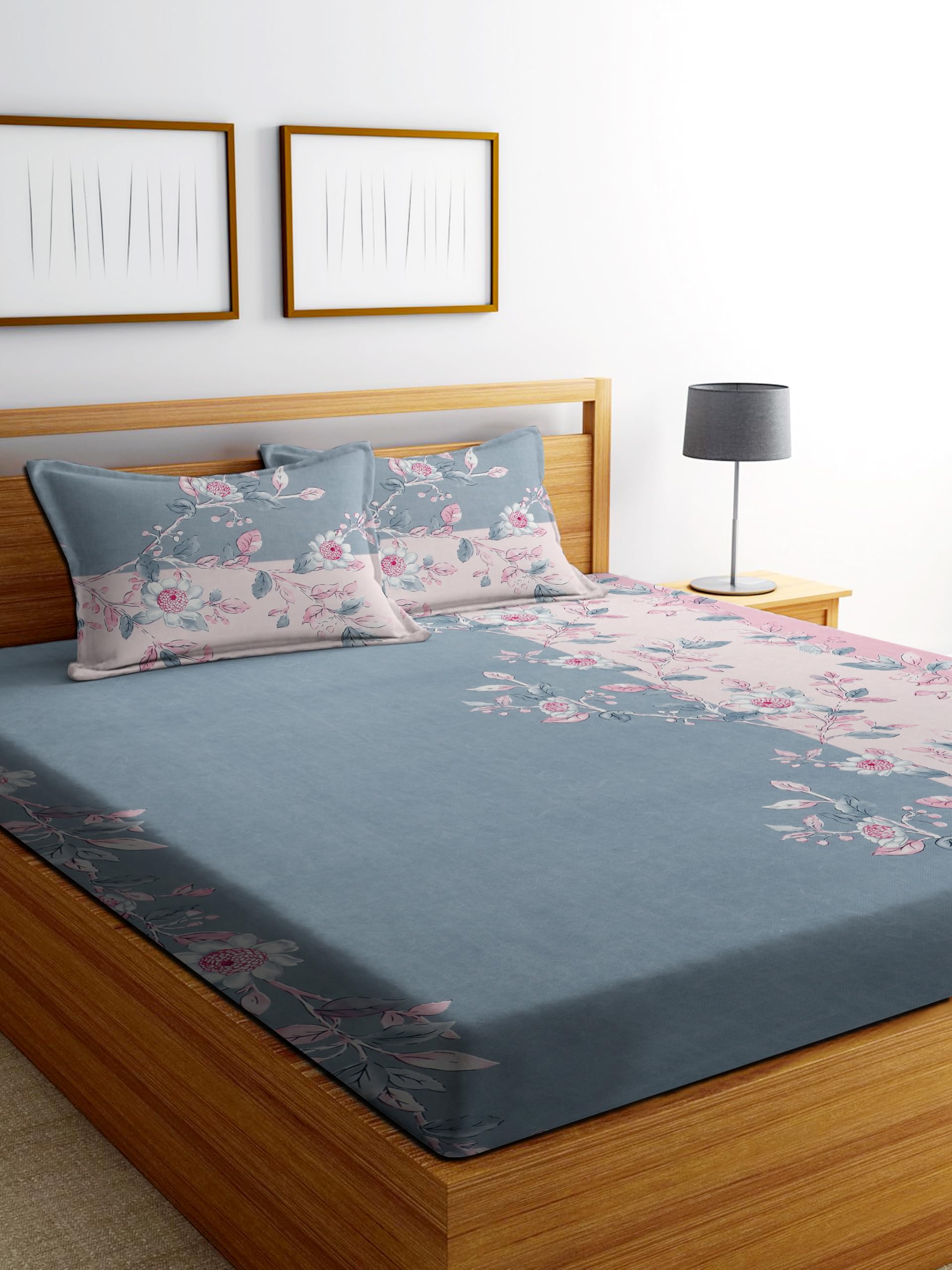 DECORUM Glace Cotton Fitted 1 Bedsheet King Size (72"x78") | All Around Elastic | Cotton Feel | 2 Pillow Covers (17"x27") | Fits Up to 8" Mattress | 200-220 TC | Printed Double Bed Sheet Set