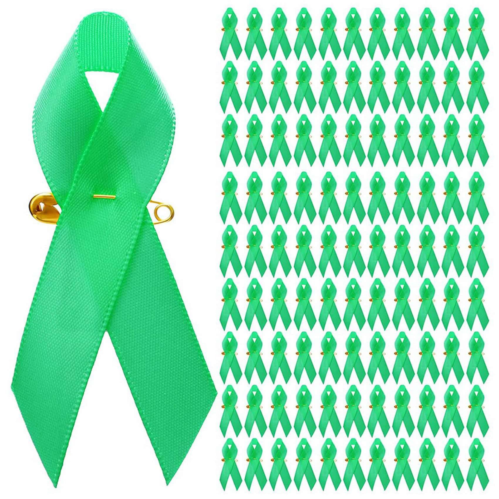 Vjsujehgy 300 Pieces Awareness Ribbon Satin Ribbon Lapel Pins Fabric Ribbons with Safety Pins for Women Men (Green)