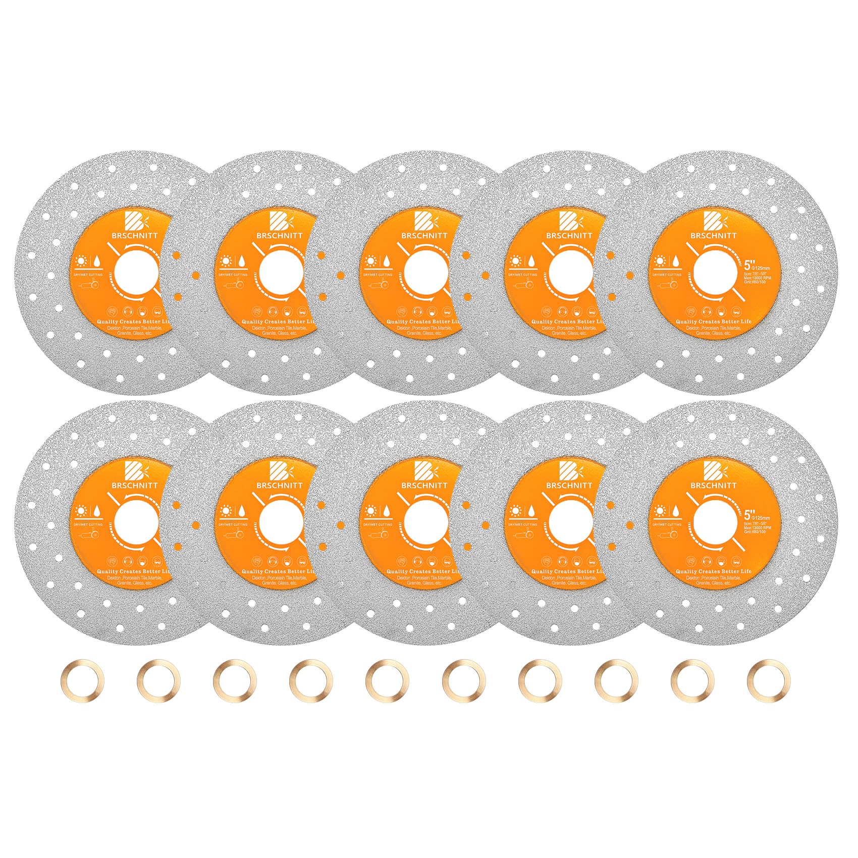 BRSCHNITT Rock Slab Grinding Disc - 5 inch(125MM) Glass Cutter Disc (10pcs), Granite Cutting Disc, Diamond Grinder Wheel for Rock Slab, Stone, Tile, Marble, Granite, Glass Diamond Cutting Discs
