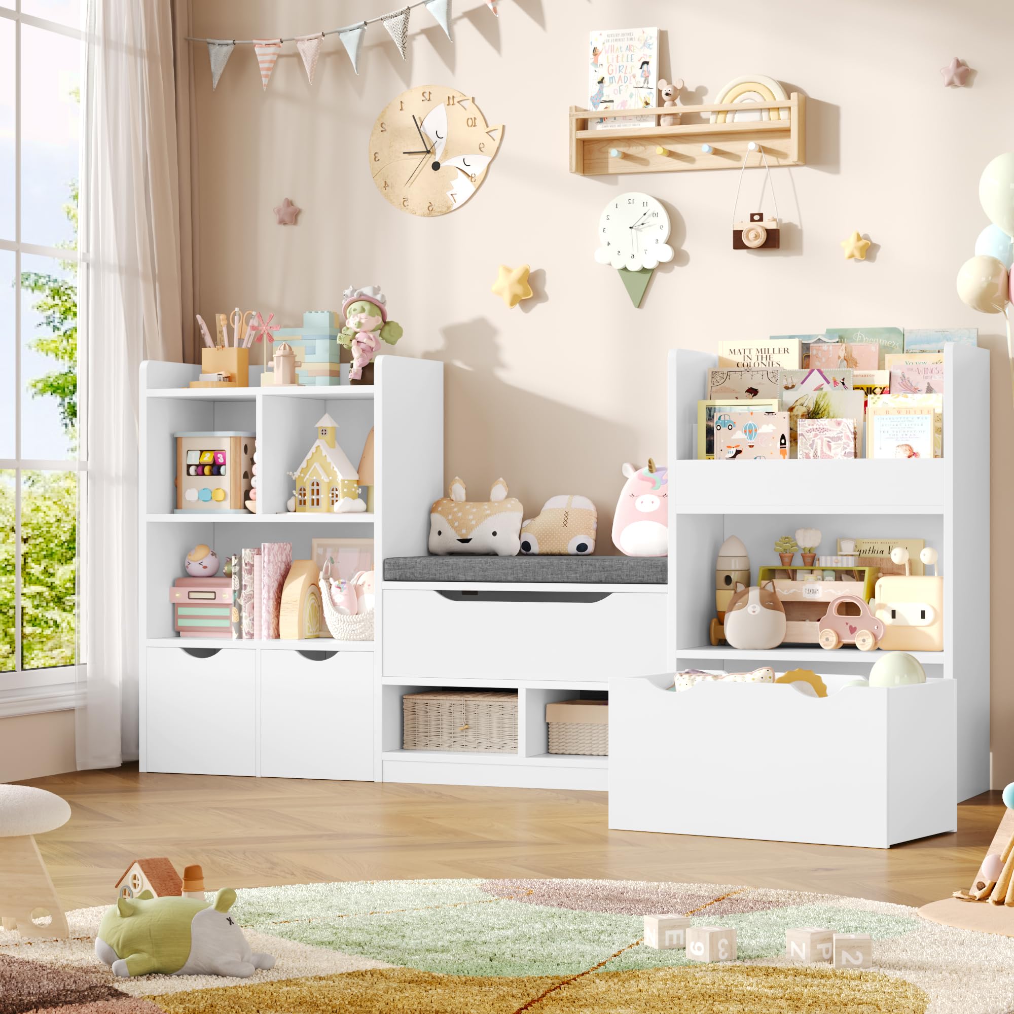 FOREHILL Meuble Rangement Enfant 183.5cm Bibliothèque Enfant avec Banc 11 Étagères 3 Tiroirs Roulants Rangement Jouet pour Chambre d’Enfants Salle de Jeu 183.5x29.8 x94.5 cm