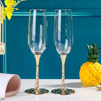 Hanjue Champagne Glasses Set of 2, Clear Champagne Flutes 7 Oz - Ideal for Gifts,Parties, Wedding, Christmas, Long-lasting and Reusable Bar Glassware Gold