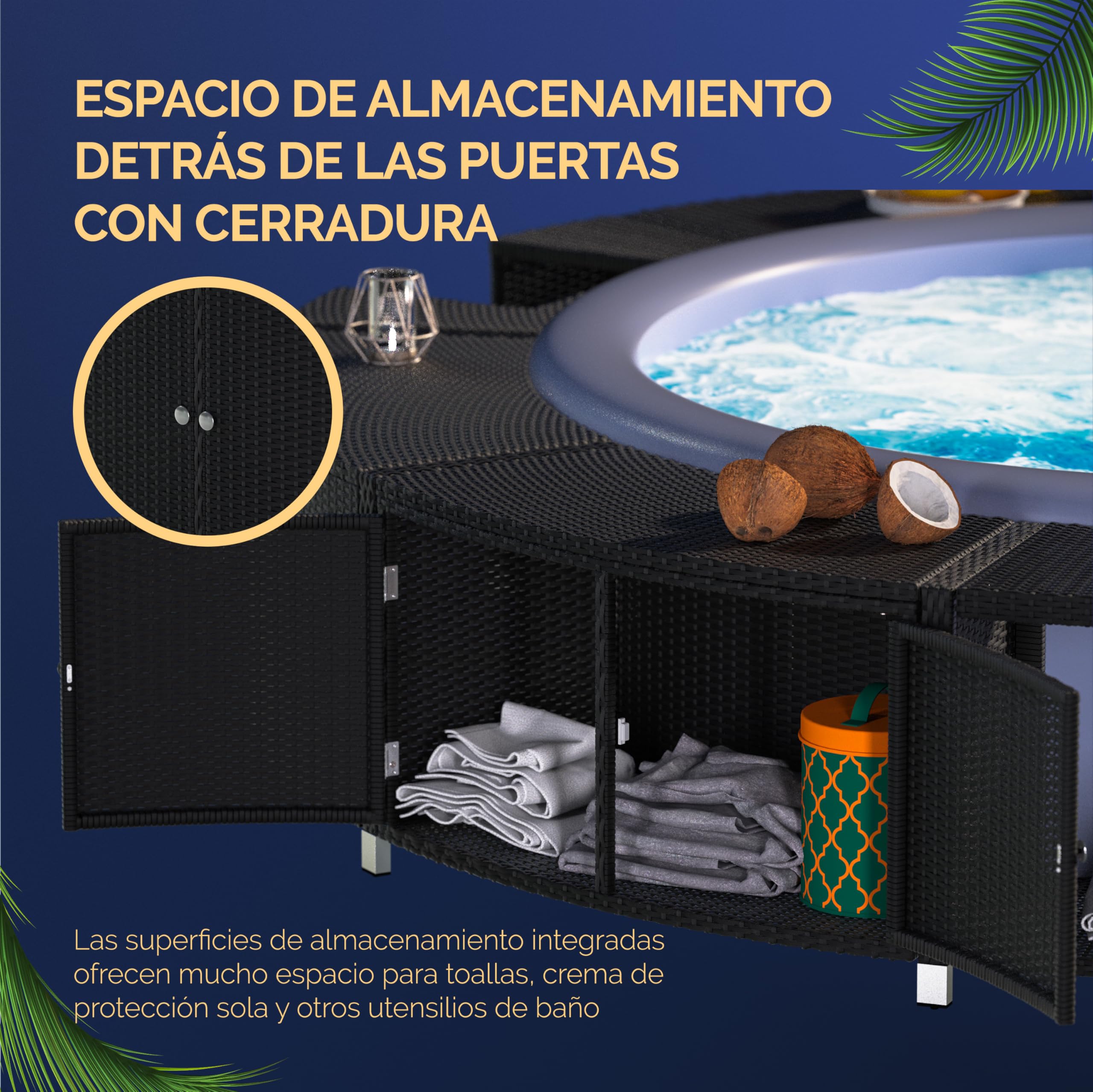 CASARIA Borde de Bañera Hidromasaje Soporte Piscina SPA Ø206cm Poliratán Madera FSC® Acero Exteriores
