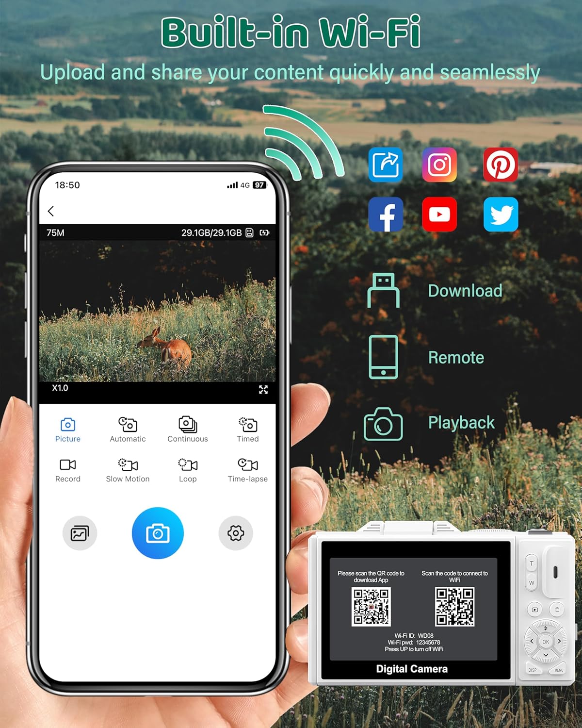 5K Digital Camera - WiFi 75MP Cameras for Photography - UHD Vlogging Camera for YouTube with 3" 180° Flip Screen - Autofocus Compact Video Travel Camara with 18X Zoom, 32GB SD Card, 2 Batteries - Image 5