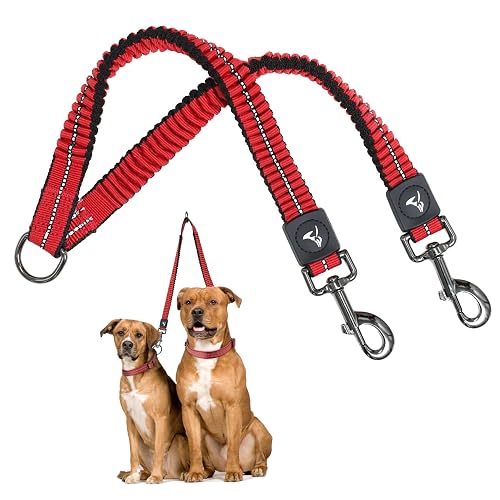 Kruz Double Dog Leash for Two Dogs, Red, Small, 14'-27'