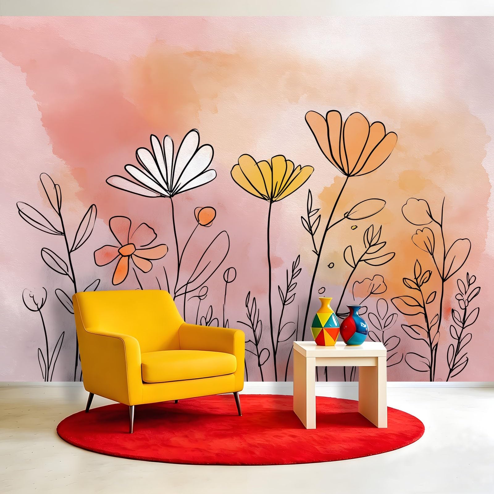 Générique Tapeta z włókniny ręcznie rysowany krajobraz 400 x 280 cm - Idealna dekoracja ścienna 3D do salonu, sypialni, jadalni - linia kwiatów