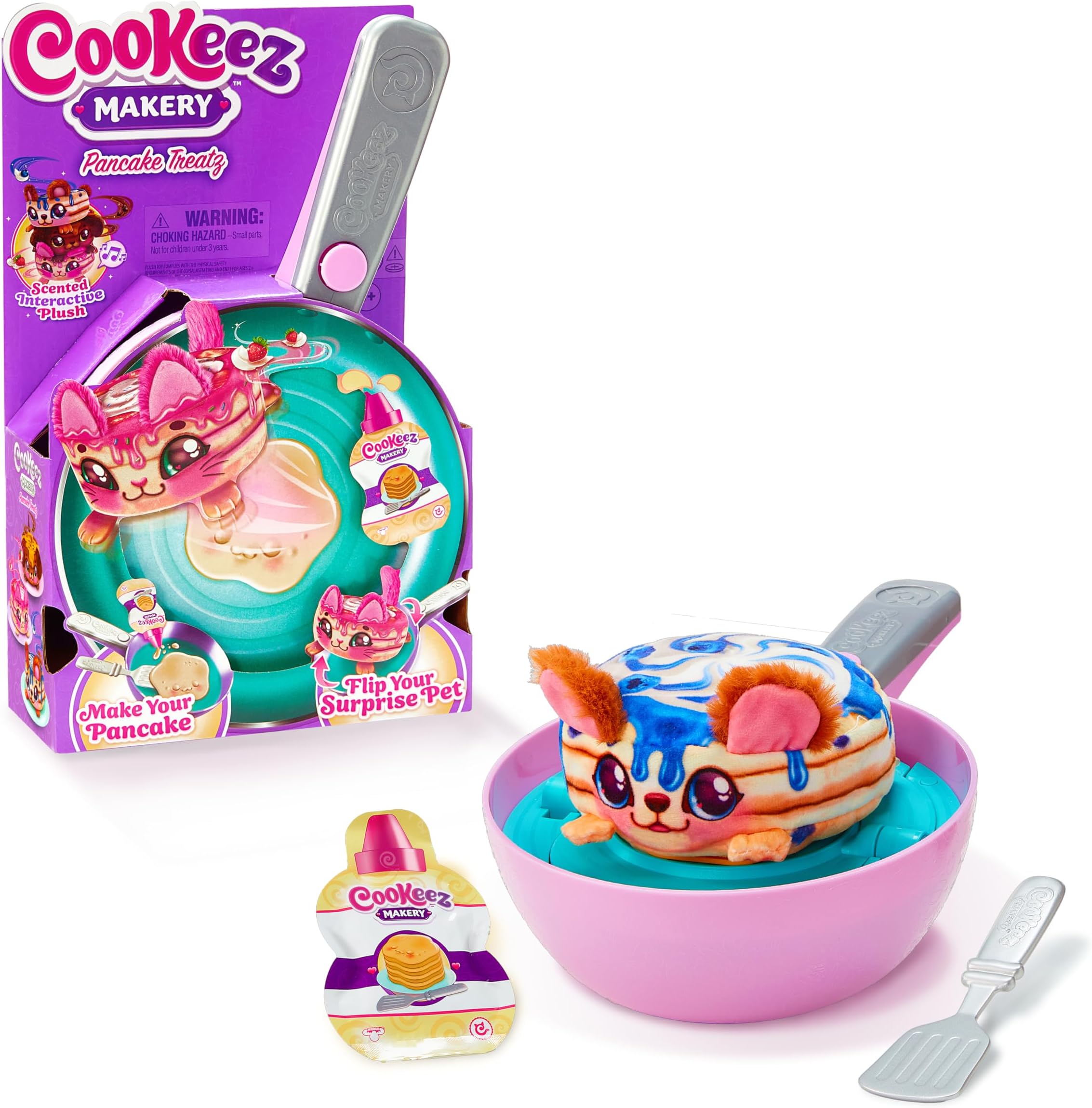 COOKEEZ MAKERY Pancake Treatz Mix & Flip a plush best friend! Place your pancake Mix on The Pan And Be Amazed When A Scented, Interactive Plush Friend Flips Out!