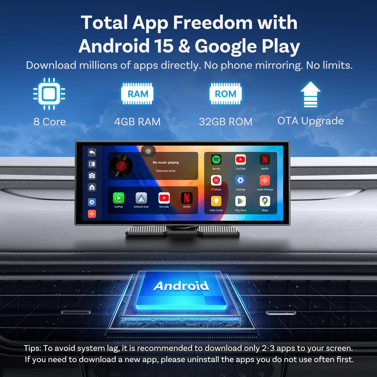 OTTOCAST Ottoscreen AI, 11,4 Pulgadas Pantalla Coche Carplay y Android Auto,Inalámbrico Carplay mit Youtube/Tiktok, Pantalla para Coche con 1080P Cámara de Marcha atrás,Navegador GPS, Android 15OS