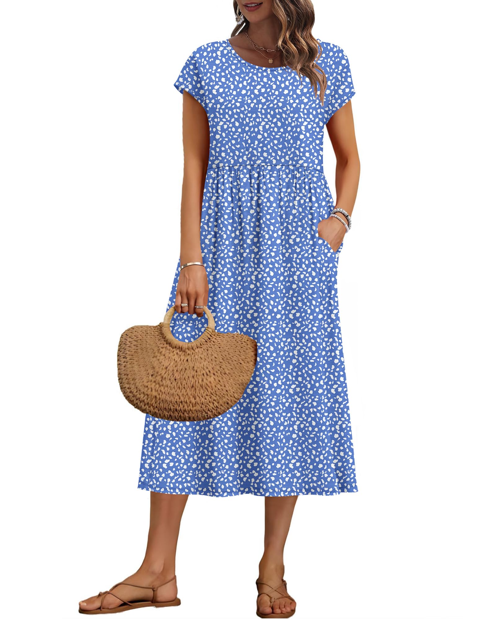 Auselily Women's Blue Pattern Summer Short Sleeve Knee Length Dresses Basic Shift Midi Floral Dress With Pockets, S