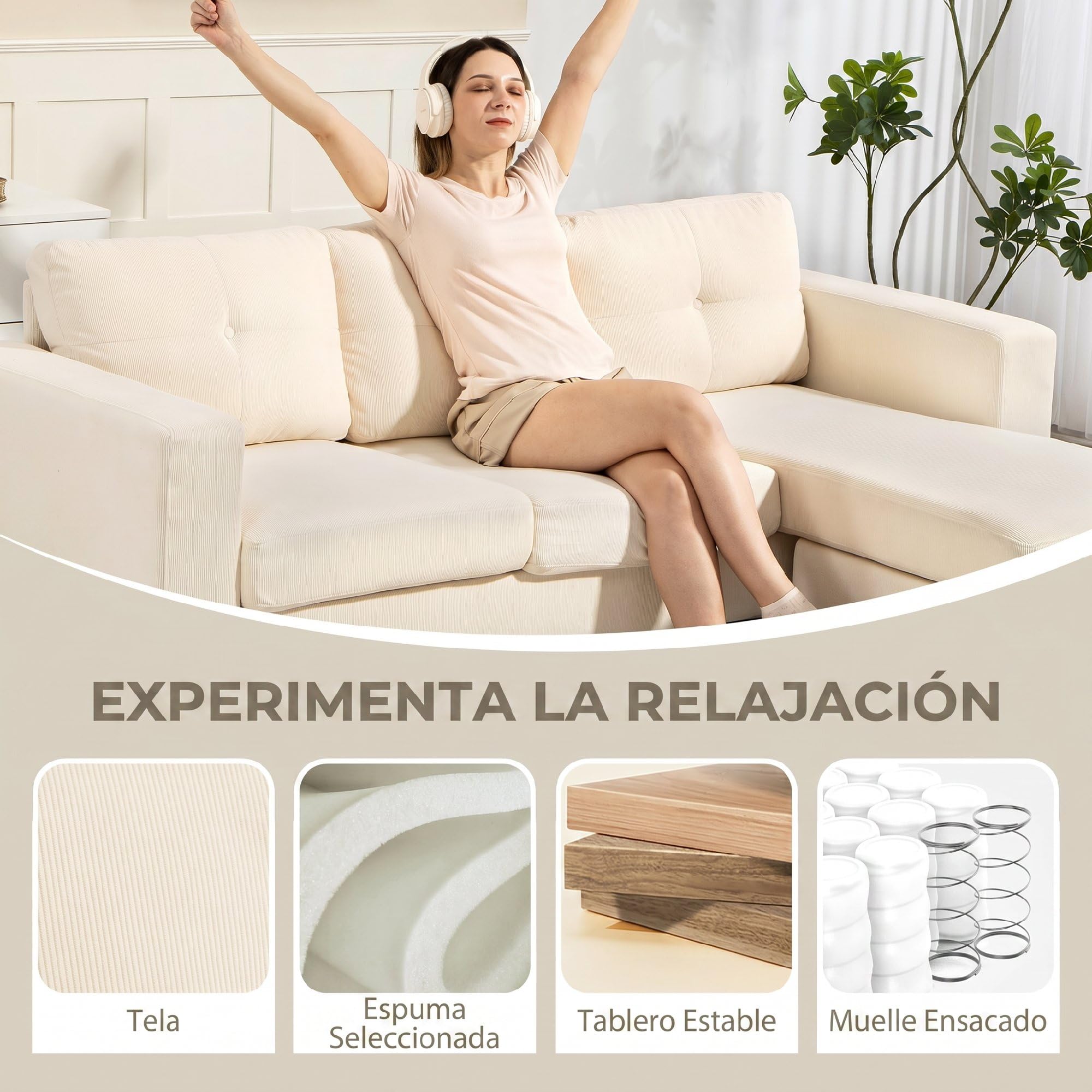 HOMCOM Sofá Chaise Longue Reversible 3 Plazas 192x137x84 cm Crema | Sofá Esquinero en Forma de L, Tapizado en Pana, Marco de Acero, para Espacios Reducidos, Salón