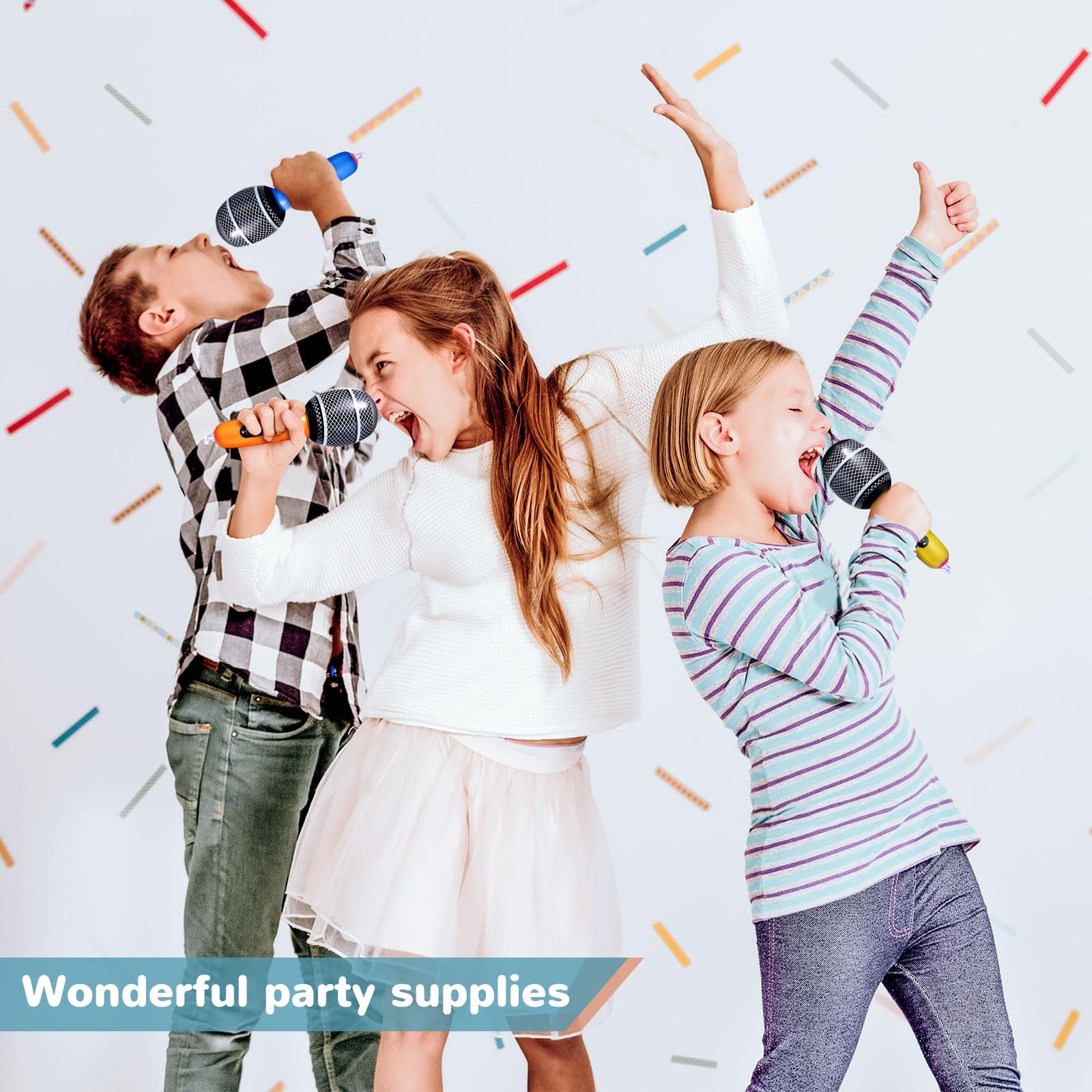 42 micrófonos inflables, colores surtidos, accesorios de micrófono inflables, juguetes de plástico para niños, concierto musical, decoración de fiesta de cumpleaños, suministros de juego de 6