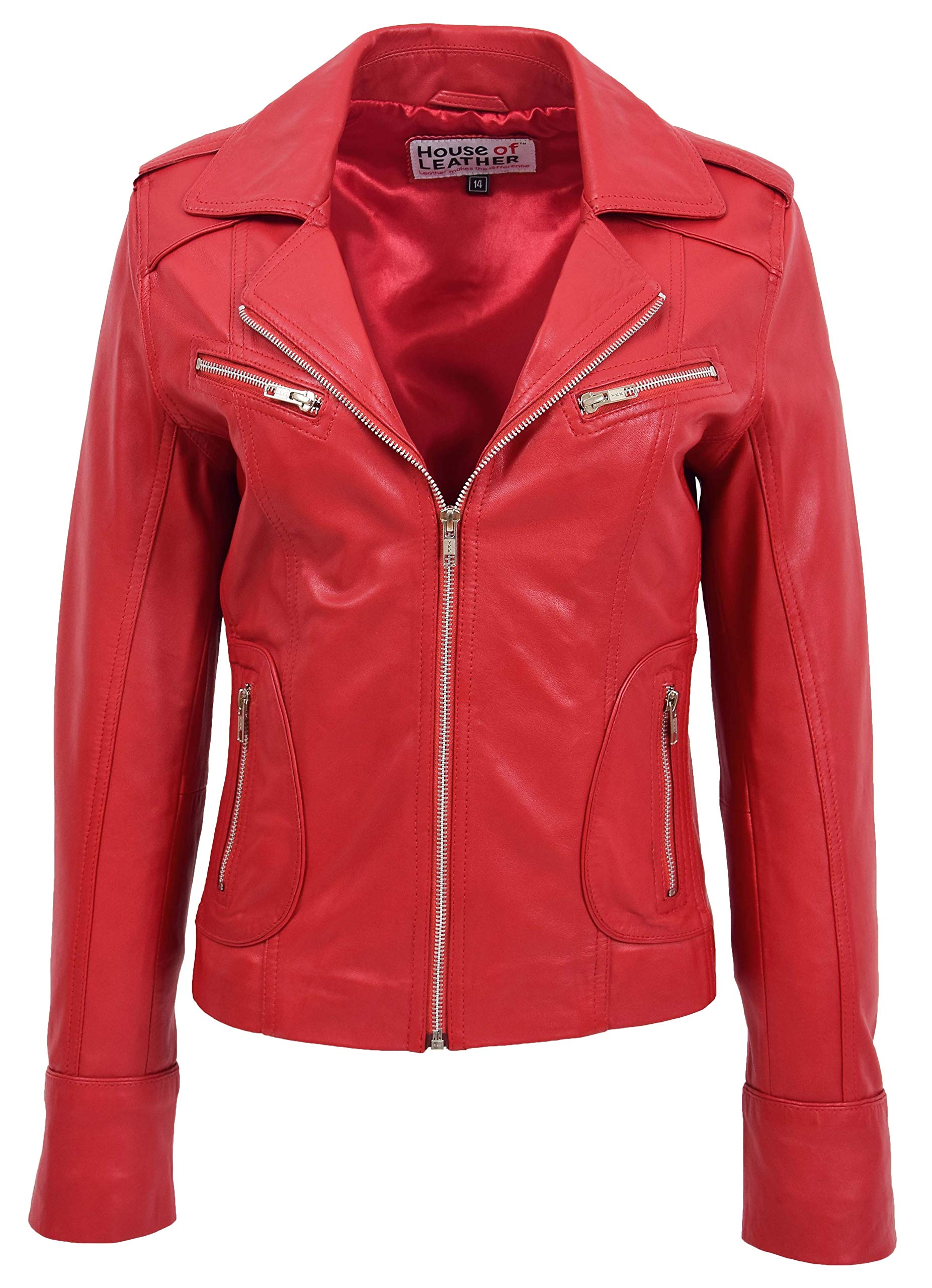 House Of Leather Women's Red Real Leather Biker Jacket Zipped Casual Style Kim (16, )