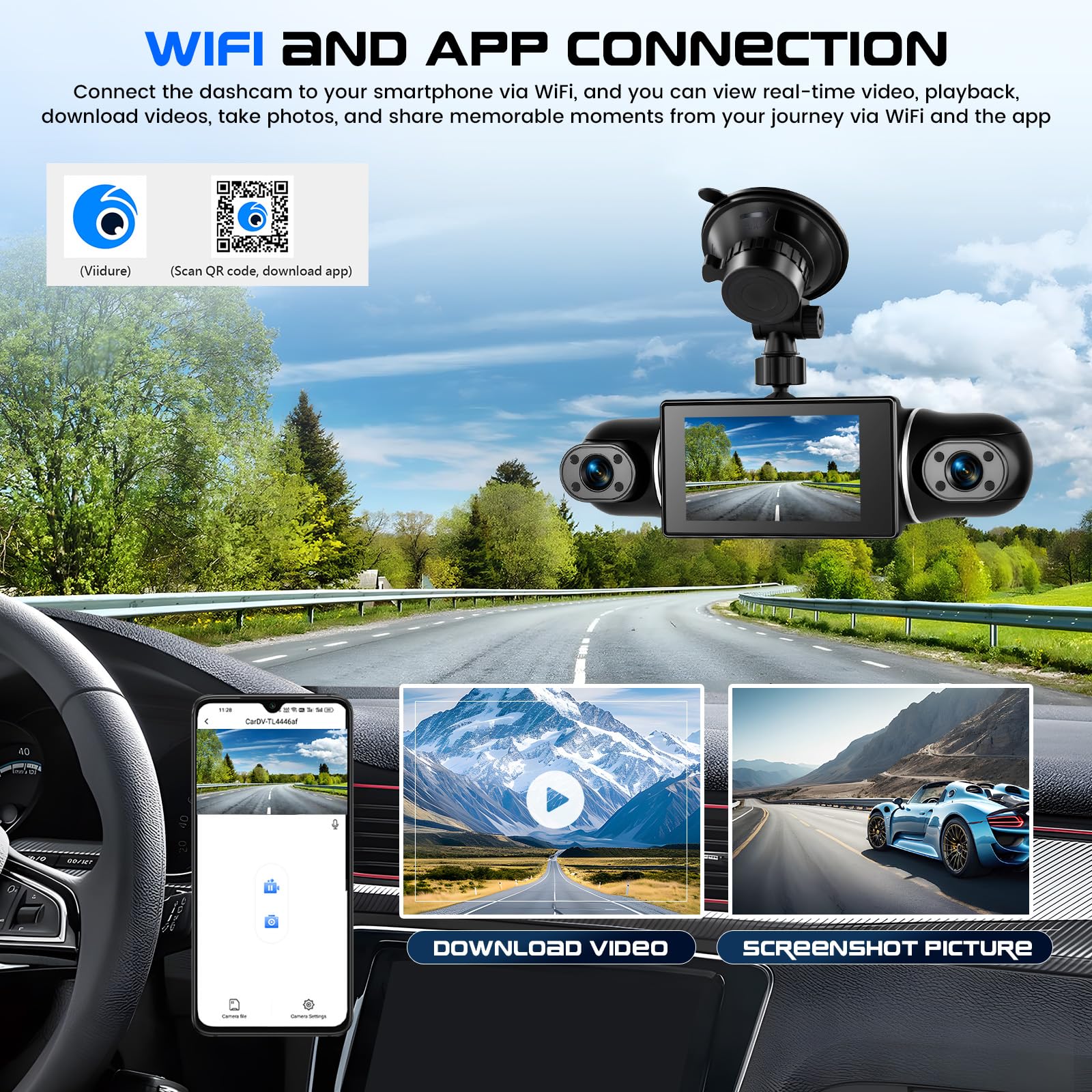 CAMECHO 4 Canales Dashcam 2K Cámara integrada Delantera, Izquierda, Derecha y Trasera con WiFi GPS, Rotación 360° Pantalla Dashcam 3 Pulgadas, Grabación en Bucle, Visión Nocturna, Sensor G