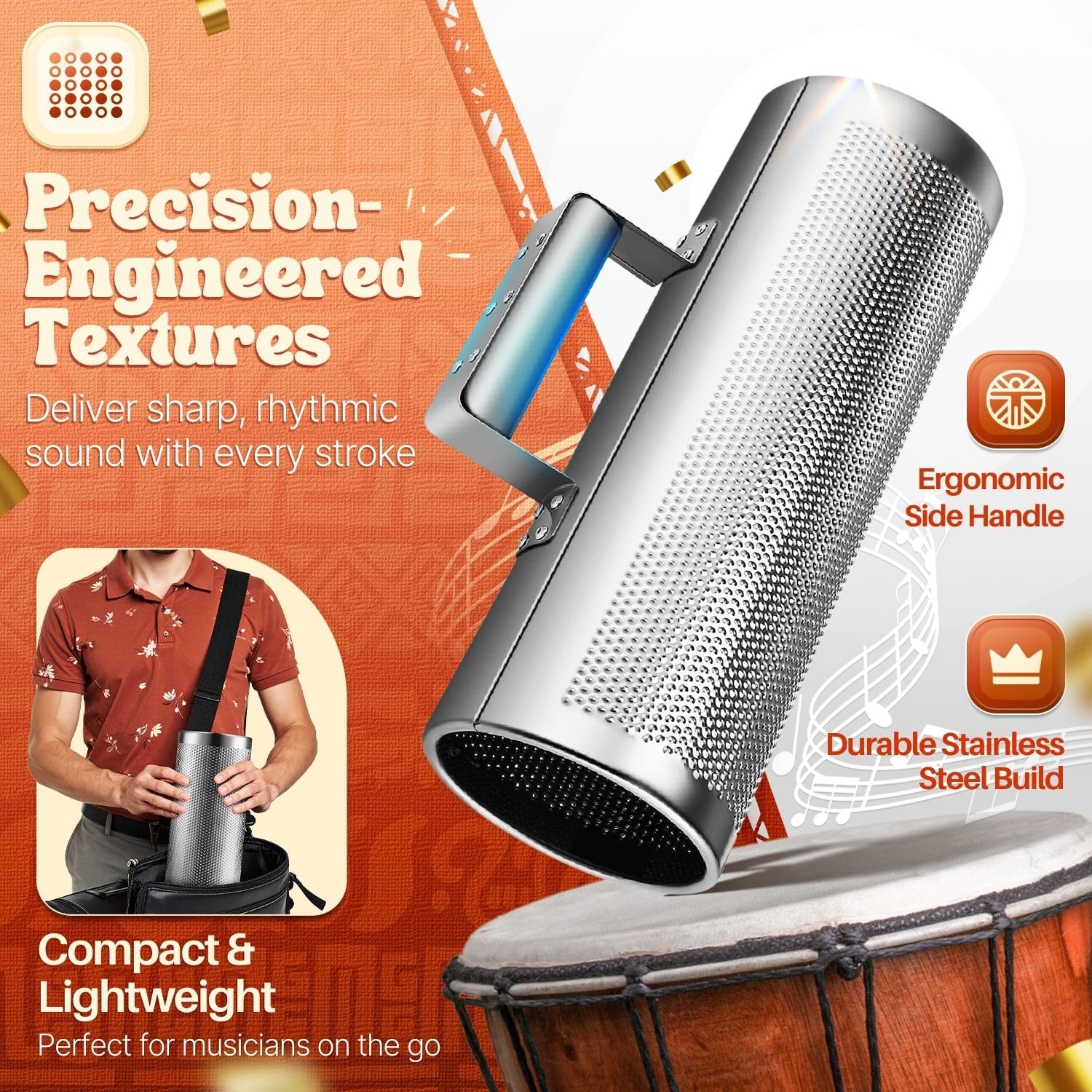 Flexzion Guiro in Metallo con Raschietto 5" x 12" (13 cm x 30 cm) - Rotondo Acciaio con Maniglia Strumento Musicale Latino-Americano Inox Percussione Musica per Gruppi Jazz Concerti Spettacoli Live