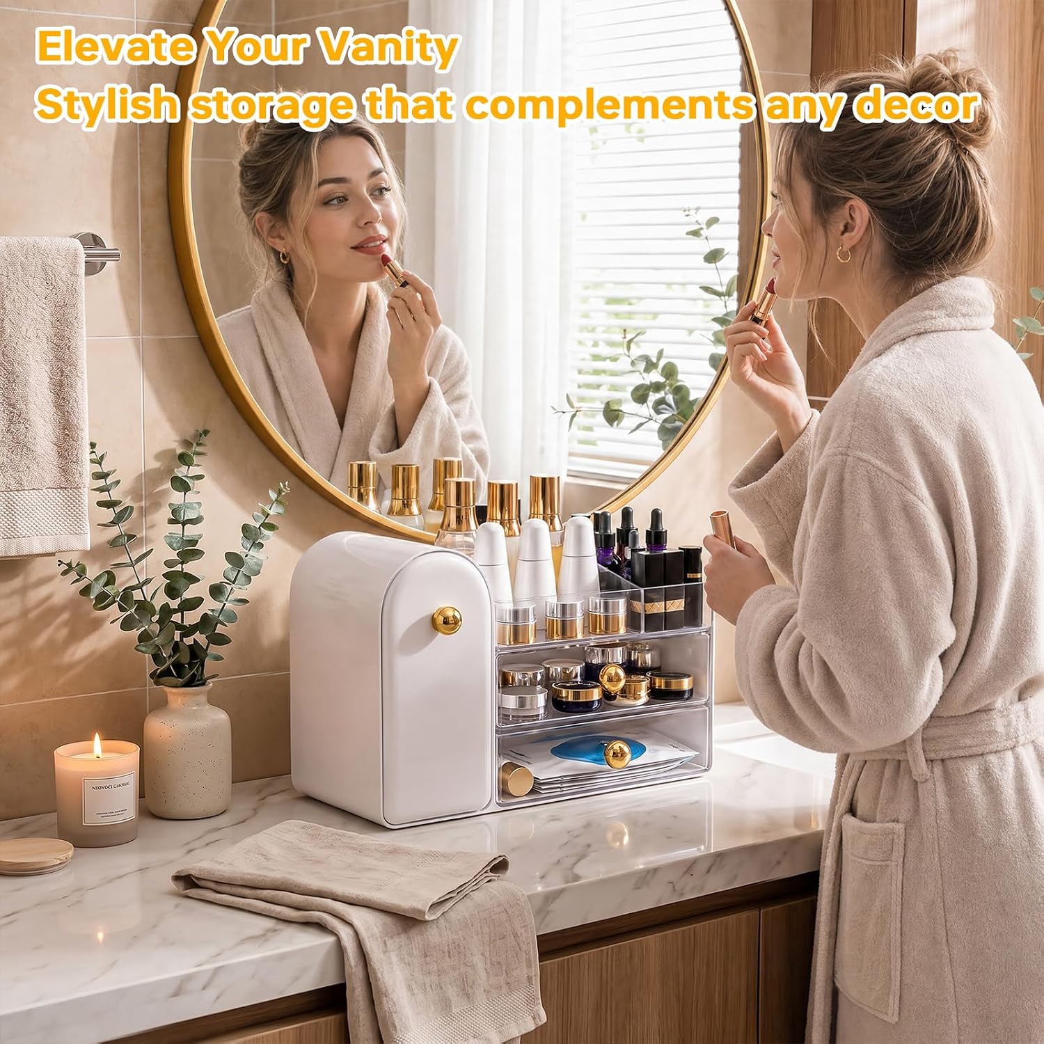 Makeup Organizer for Vanity: Skincare Organizers with Drawers & Brush Holder - Cosmetic Display Case Skincare Storage Box with Clear Drawers Countertop Vanity for Bedroom Bathroom Dresser