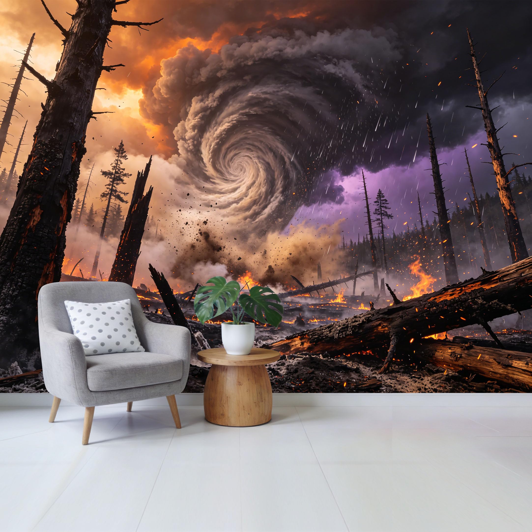 Custom Size Wall Mural Dramatic Forest Fire Storm Landscape with Tornado Flames and Smoke Removable Self Adhesive Fabric Home Wall Decor for Living Room Bedroom Bathroom
