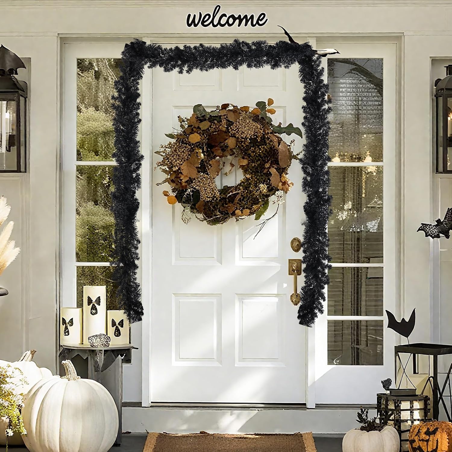 MUMTOP 9FT Black Halloween Garland Norfolk Pine for Mantle Party Decor
