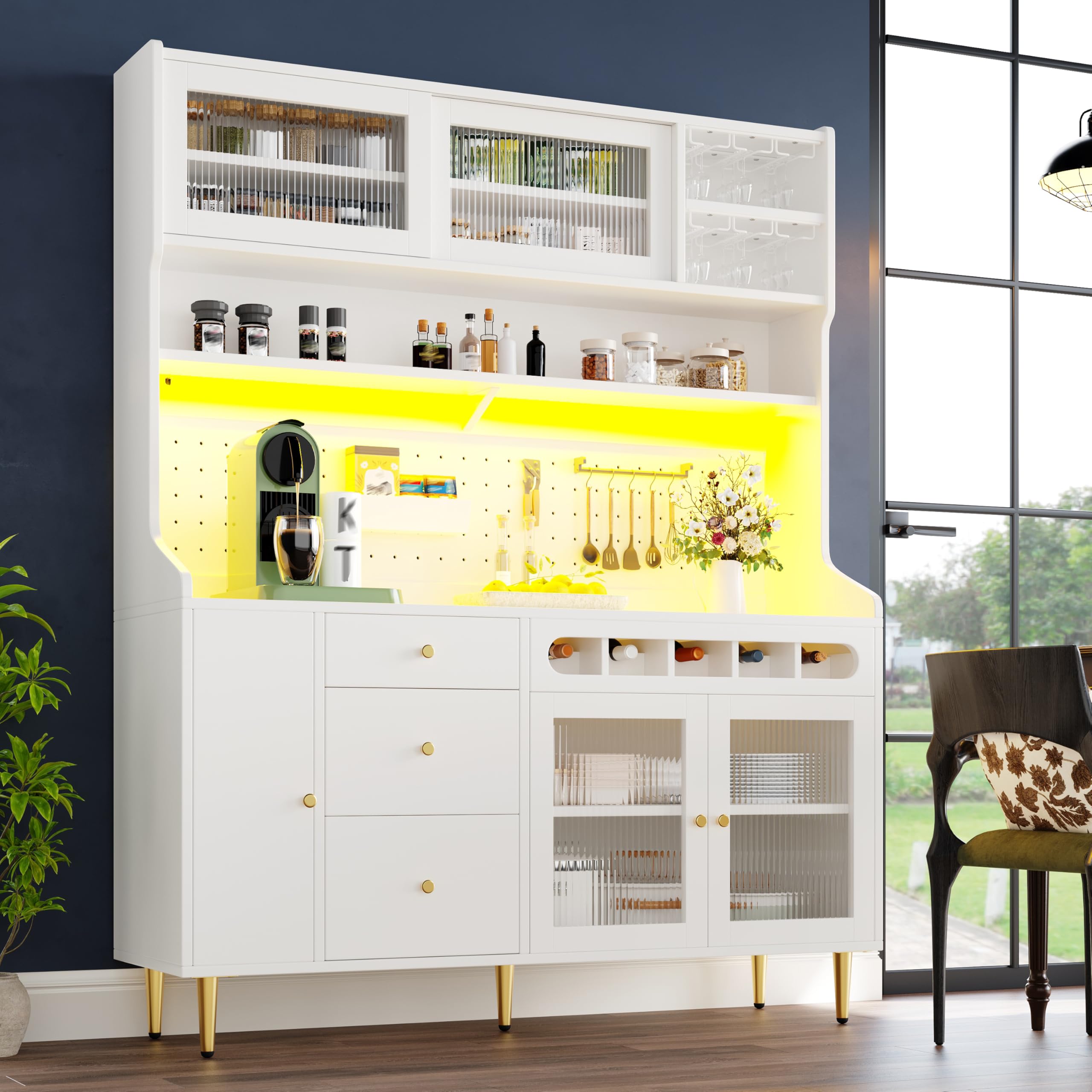 Credenza Cucina Alta con LED, Armadio Multiuso, Bianco, 145×39×171cm