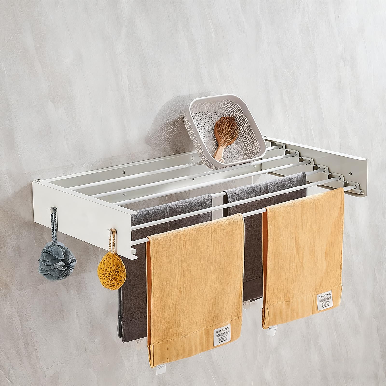TWSOUL Séchoir à linge mural avec 4 barres, 50 cm, extensible, pliable, peu encombrant, en acier au carbone, pour salle de bain, balcon, terrasse (blanc avec crochets)