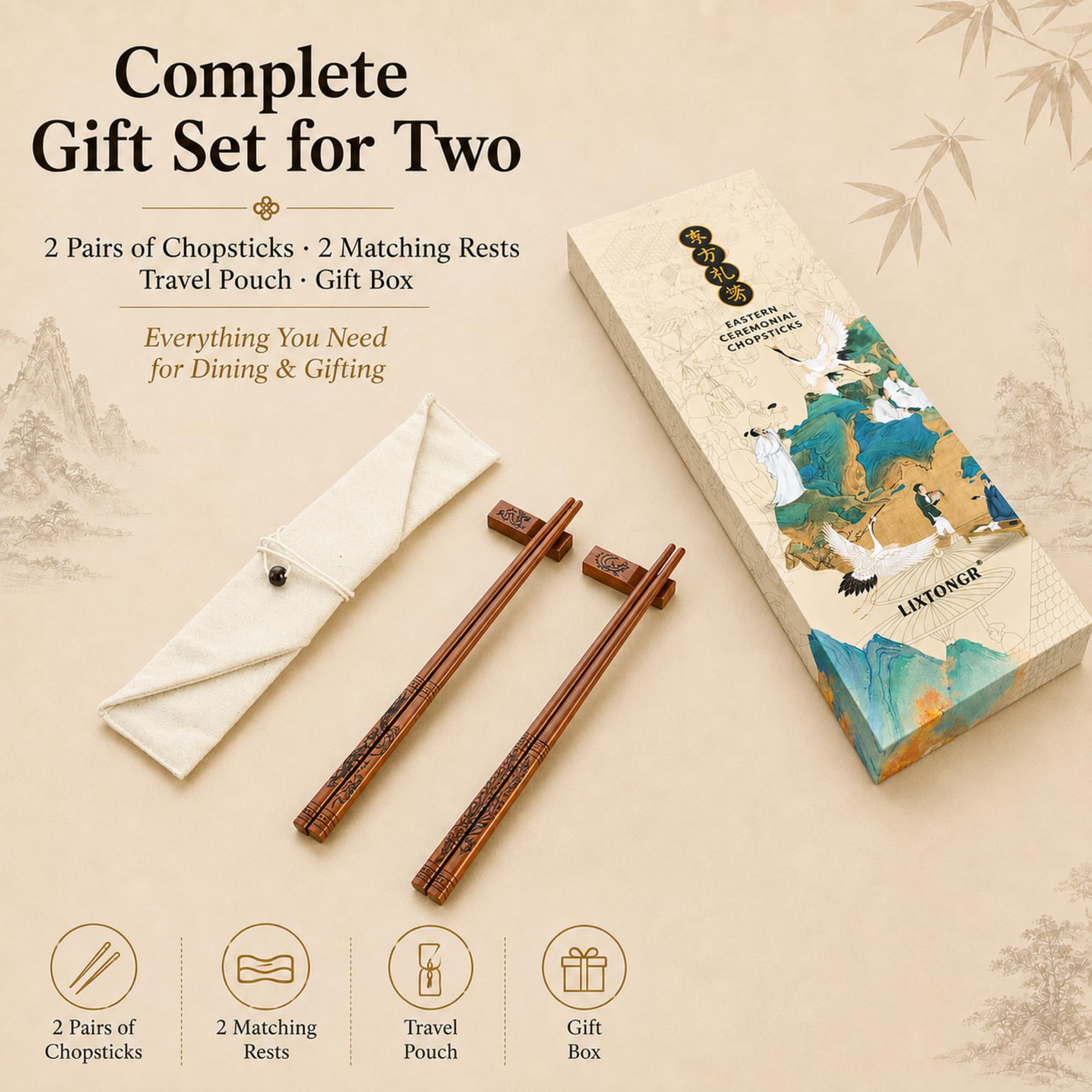 Dragon & Phoenix Wood Chopsticks Set - Gift Included -3