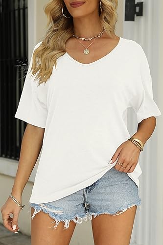 Vista 2 de MIROL Camisetas de media manga para mujer, cuello en V, de gran tamaño, holgadas, lisas, casuales, básicas