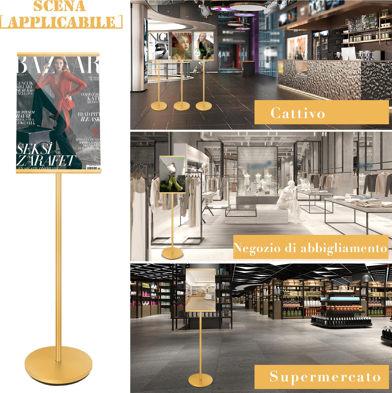 A3 - Espositore per manifesti, Supporto regolabile per poster formato, Cartello da pavimento, Formato A3 (oro)