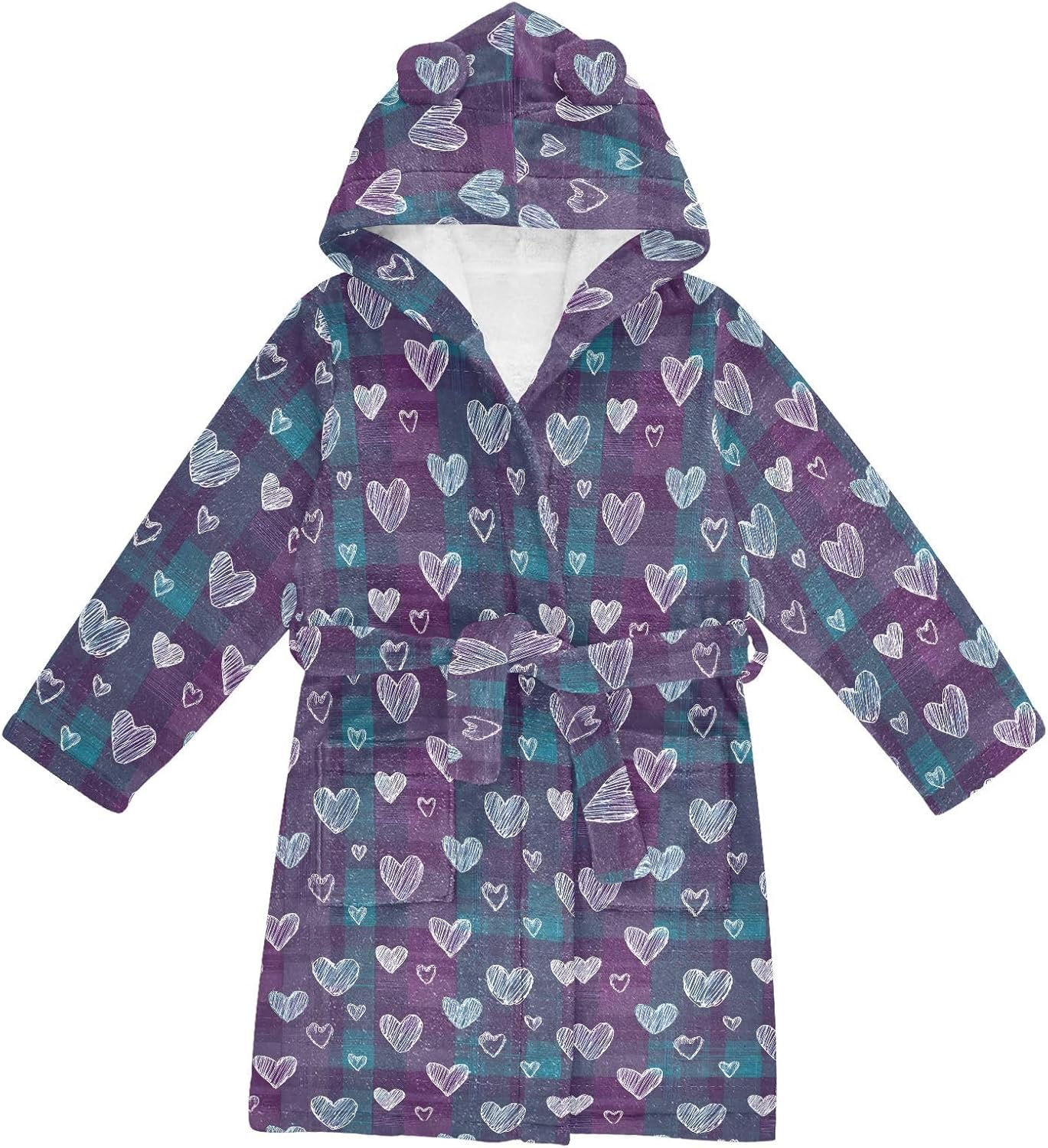 senya Linear Heart Grid Toddler Hooded Bathrobe Kids Soft Plush Bath Towel Robes for Boys Girls 2-12 Years