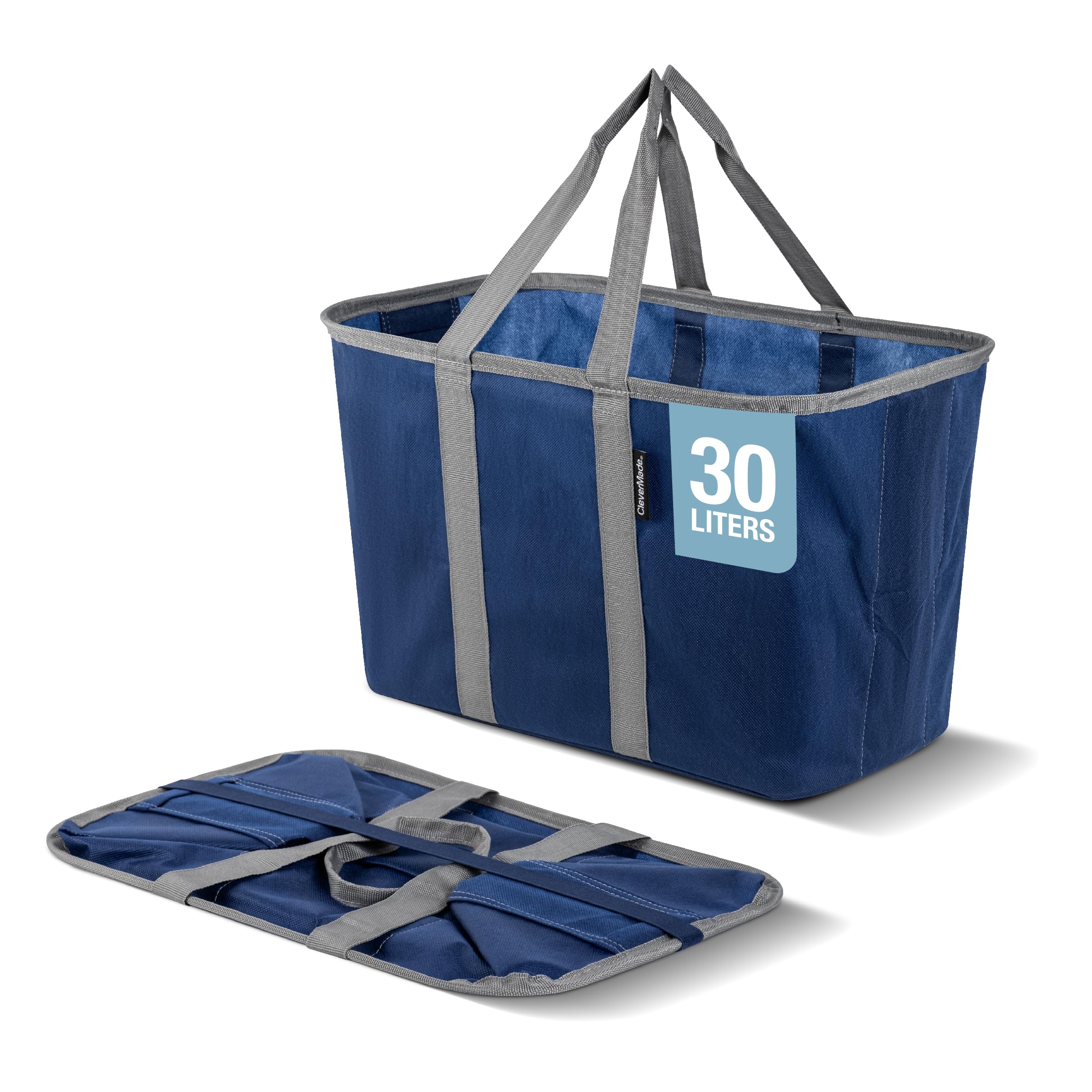 CleverMade EcoBasket 30L Collapsible Tote Basket – Reusable Grocery Tote That Stands Upright, Foldable Shopping Basket for Car Trunk Storage, Heavy