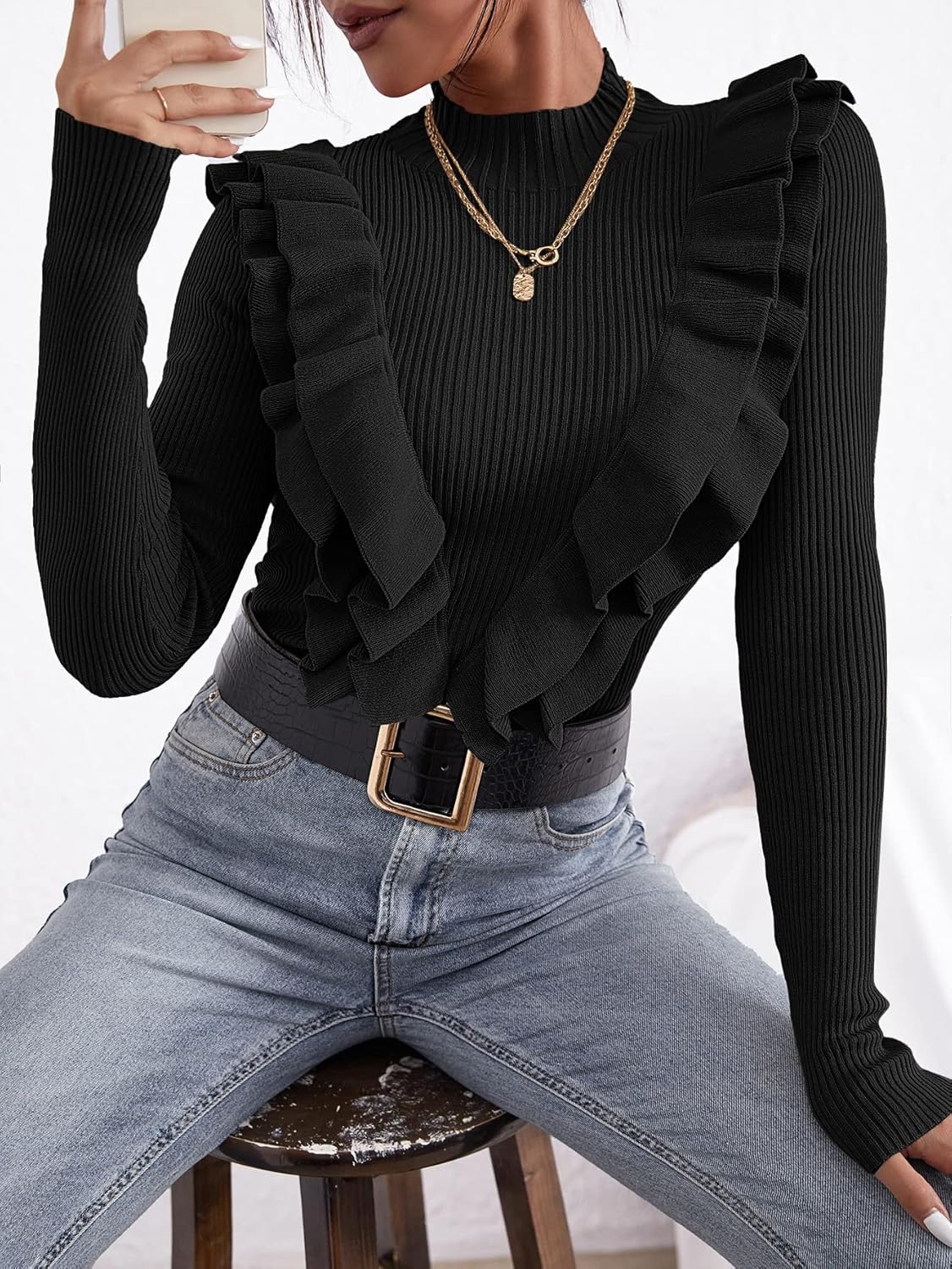 Women's Sweater Solid Mock Neck Ruffle Trim Sweater Sweater for Women (Color : Black, Size : Large)