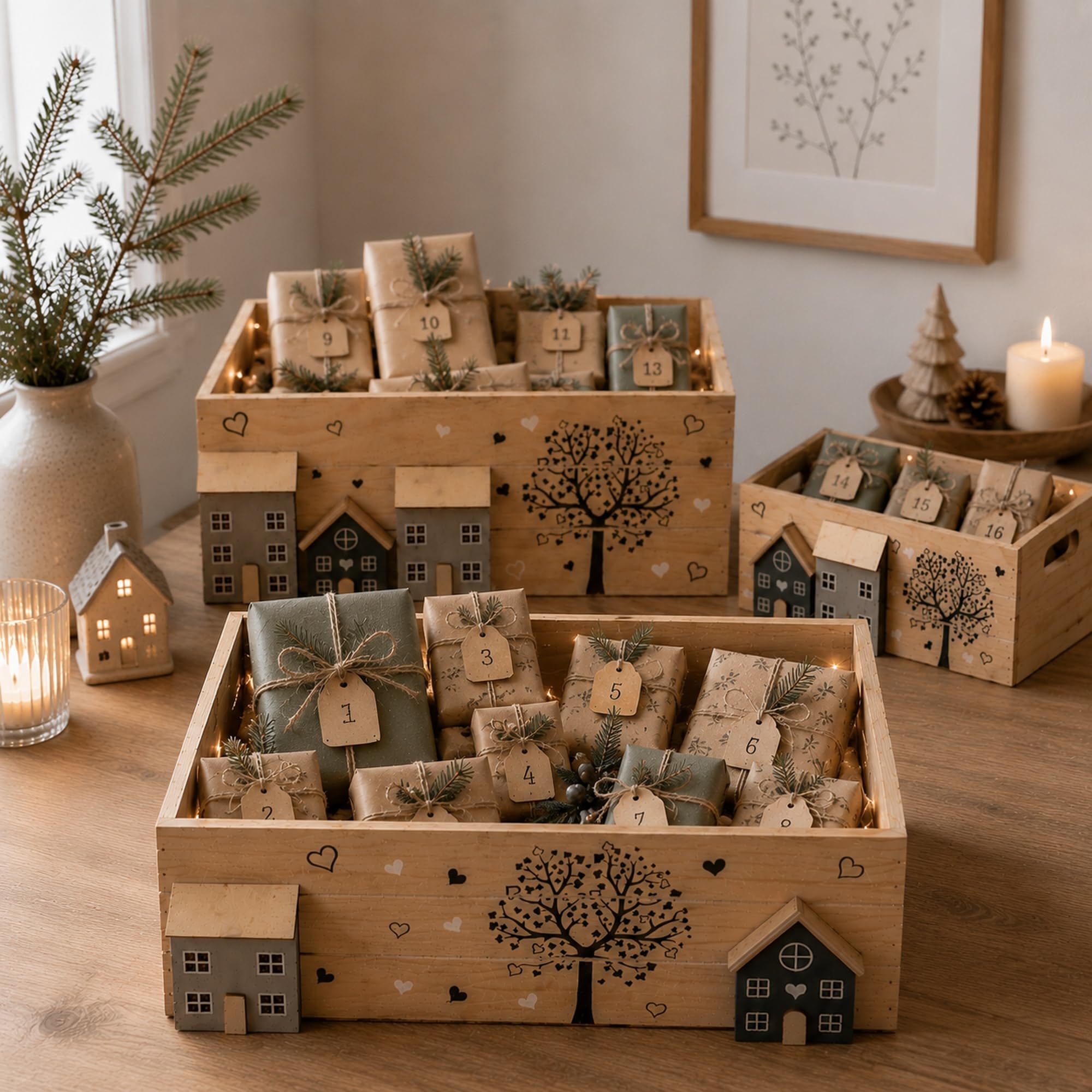 Set di 3 casse in legno UNUS come scatole portaoggetti, scatole decorative, scatole organizzatrici con manici