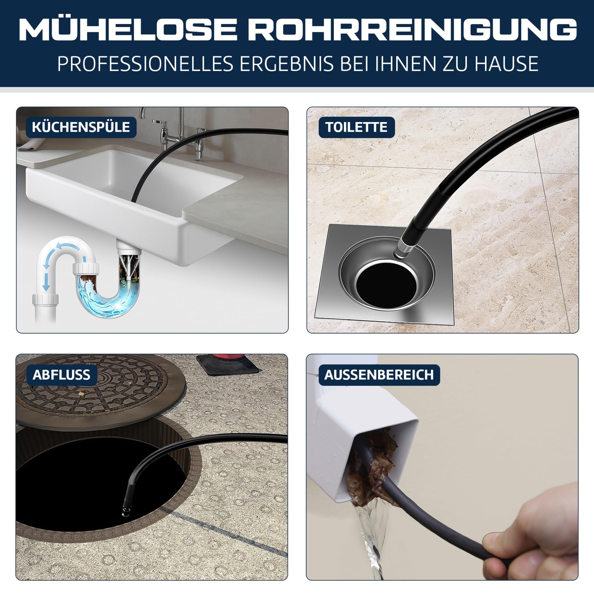 10-in-1 Rohrreinigungsschlauch Hochdruck 35 m – Extra Lang Verstärkt – 5 Düsen + 3 Messing Adapter – Kompatibel mit Kärcher Rohrreiniger