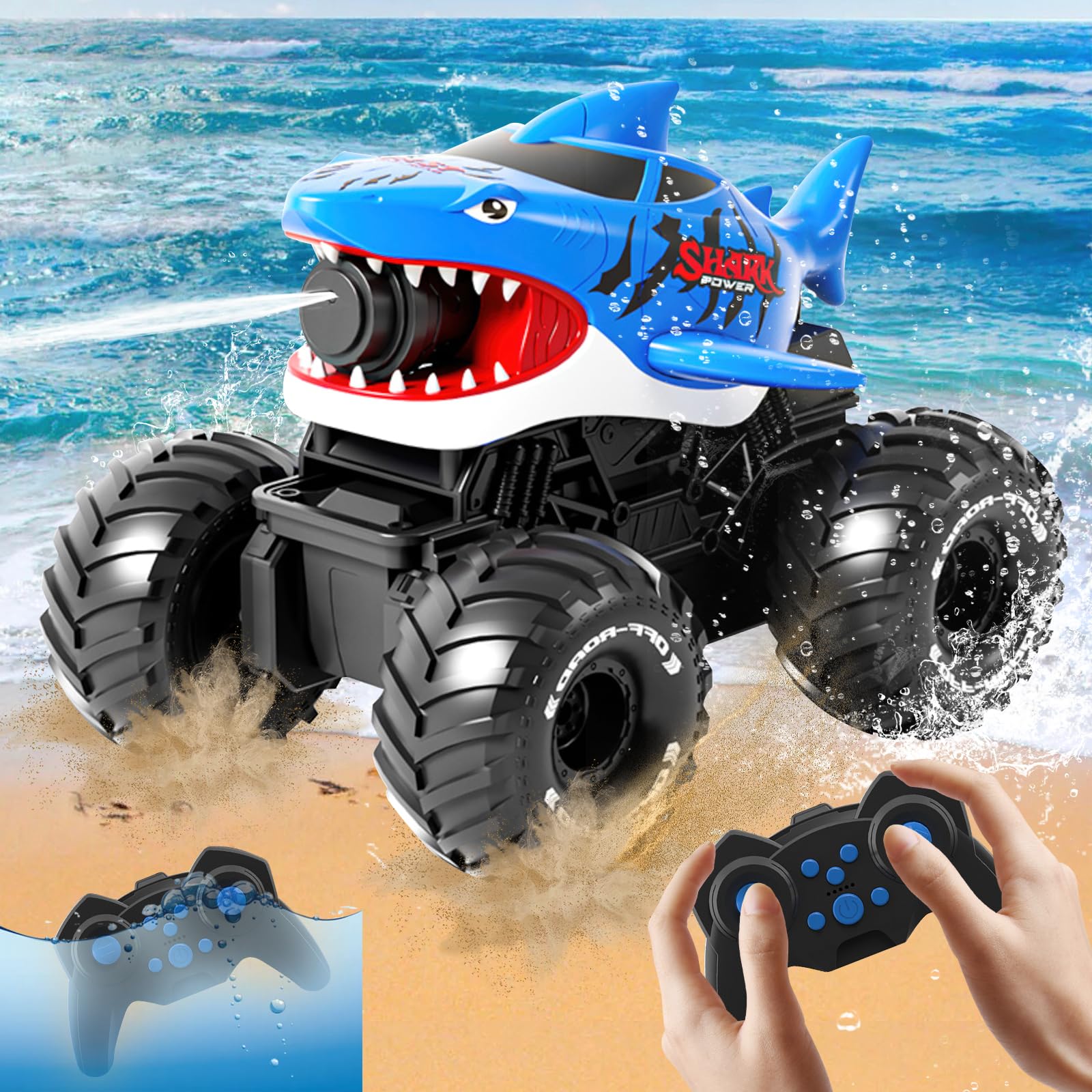 HUAJUN Amphibious Remote Control Car with Water Gun, 4WD 360°Rotation 2.4GHz Waterproof, All-Terrain Stunt Car, Shark Shape