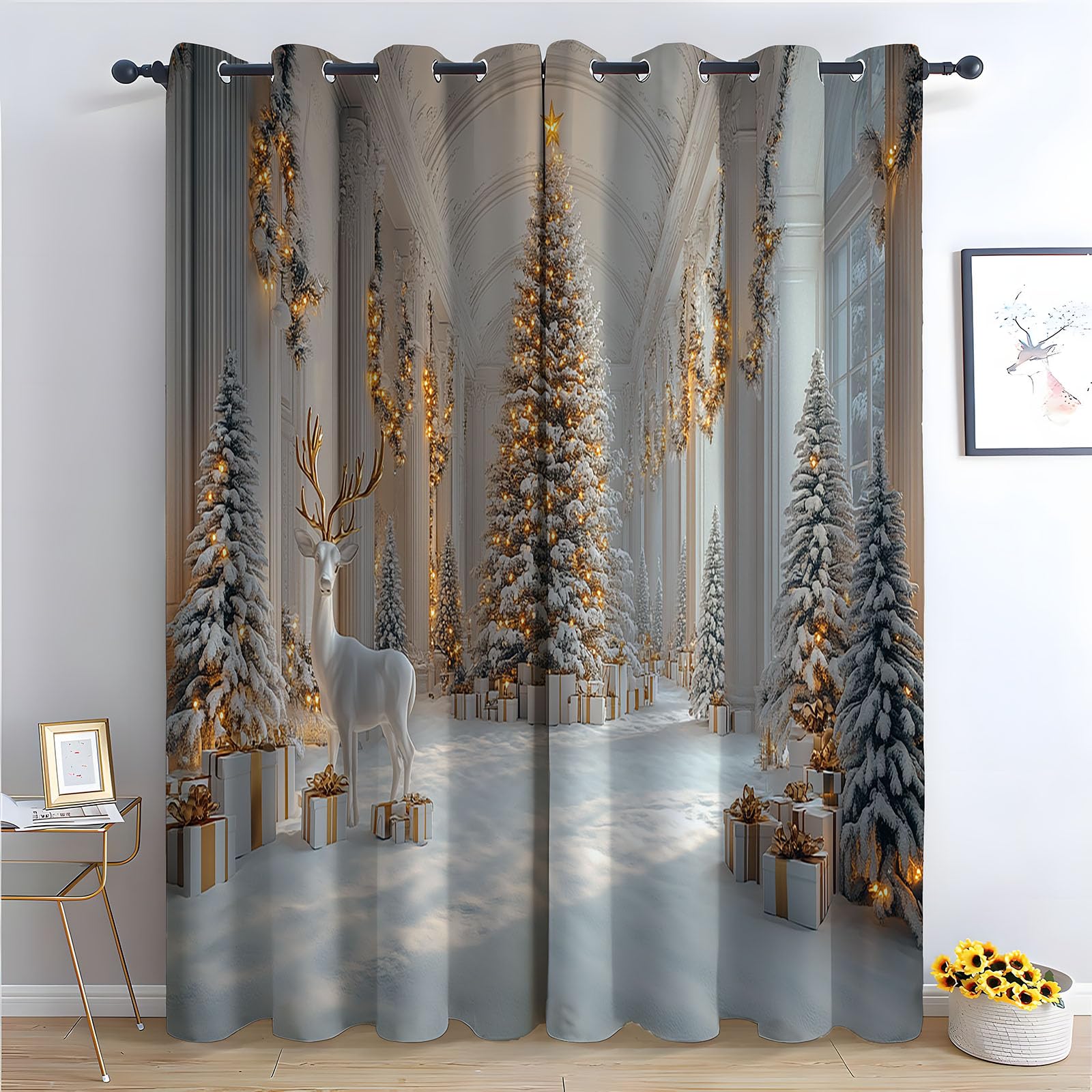 Rideau hiver cadeau cerf sapin Noël et draperies intérieures