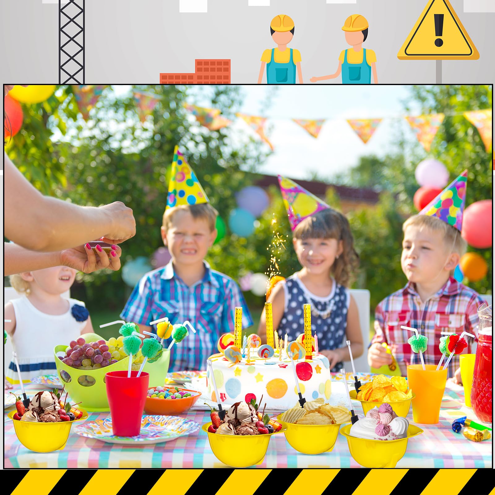 Uiifan Juego de 36 juegos de tazas de plástico para helado, tazas de yogur congelado con cucharas, sombrero de construcción resistente, helado para fiesta temática de construcción, regalo para niños