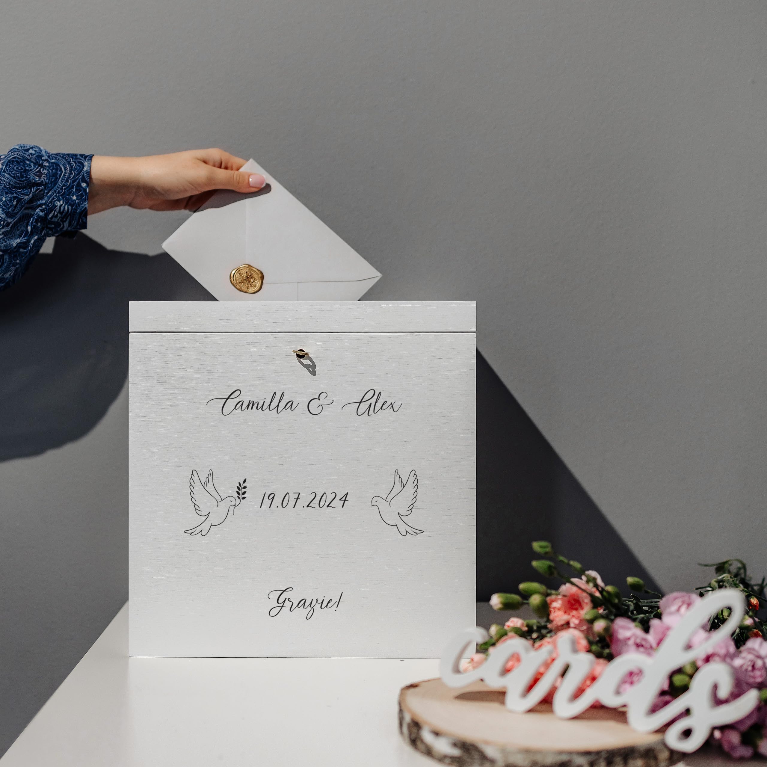 Porta Buste in Legno per Matrimonio 29x25x30cm Scatola Personalizzata Bianca con Serratura