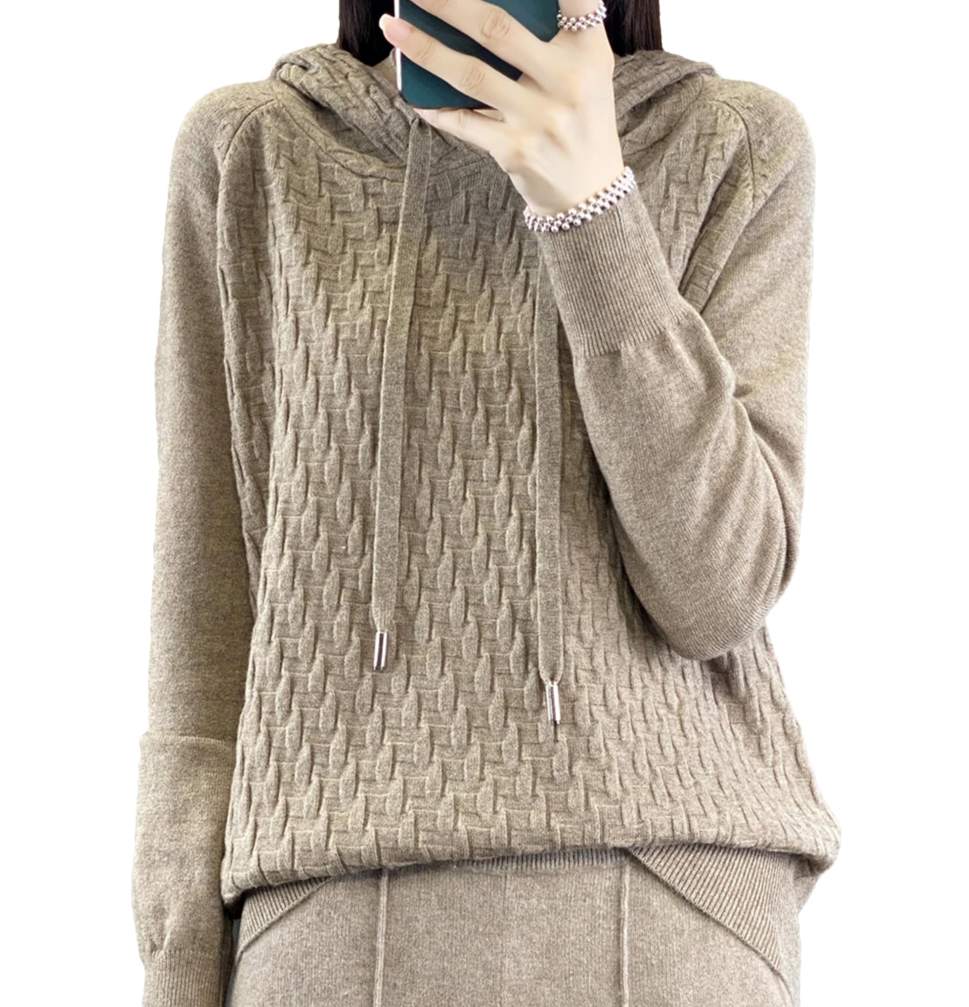 Yeuyyben Maglione da donna in misto lana Outwear camicia con cappuccio colletto pullover invernale fondo casual maglia top, Marrone e grigio., L