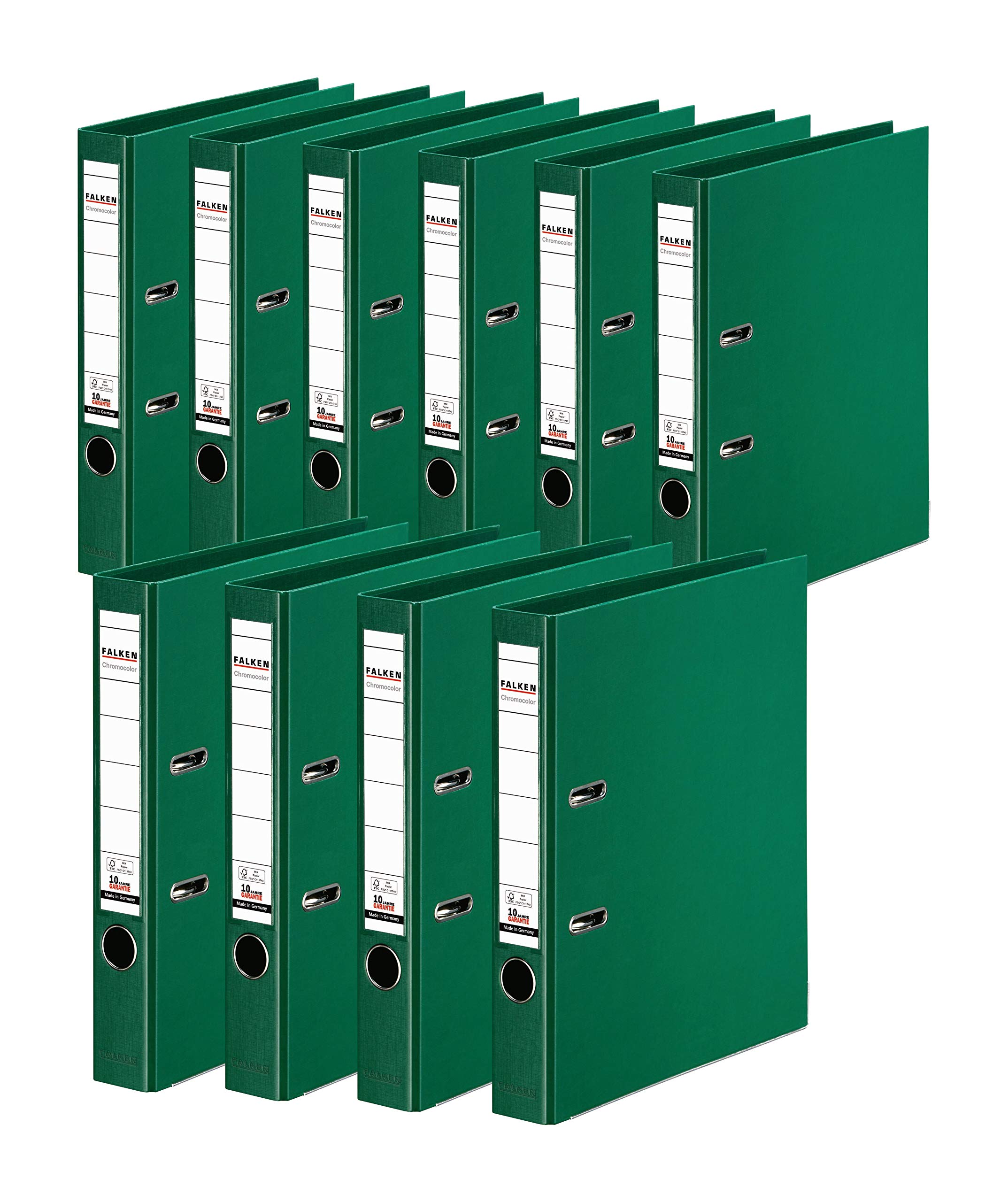 Original Falken 10er Pack Chromocolor Premium-Ordner. Made in Germany. Kunststoffbezug außen und innen 5 cm breit DIN A4 grün Ringordner Aktenordner Briefordner Büroordner Plastikordner