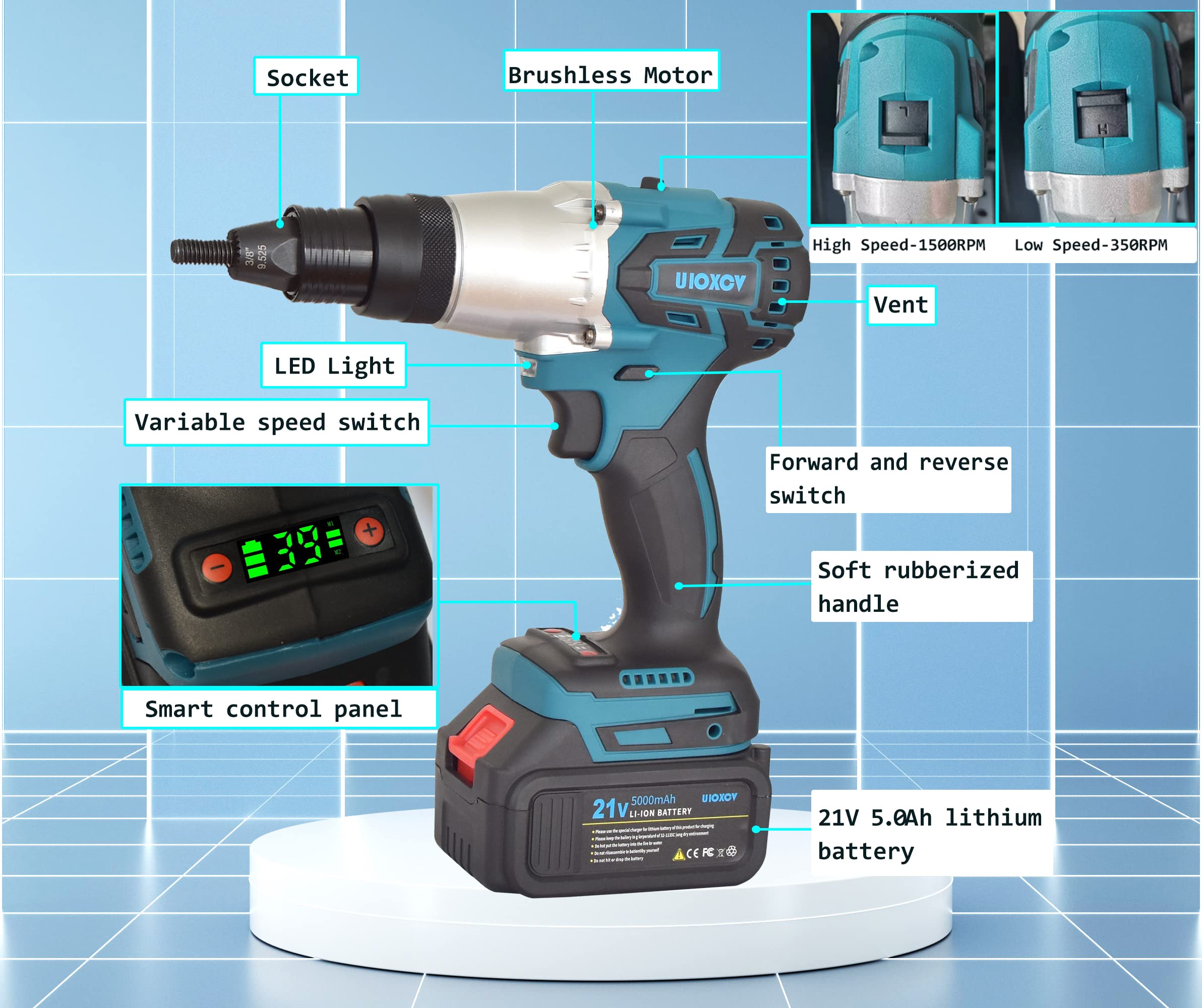 uioxcv 2-in-1 Electric Rivet Nut Gun for Rivets(1/8'', 5/32'', 3/16