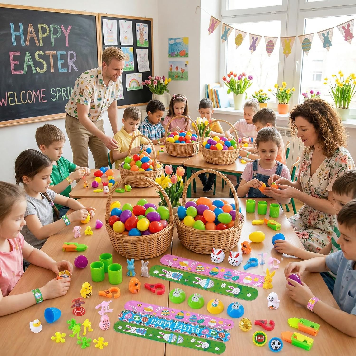 100 Pcs Prefilled Easter Eggs with Toys Inside, Easter Basket Stuffers Fillers Bulk for Kids, Pre Filled Surprise Eggs for Easter Egg Hunt Party Favors