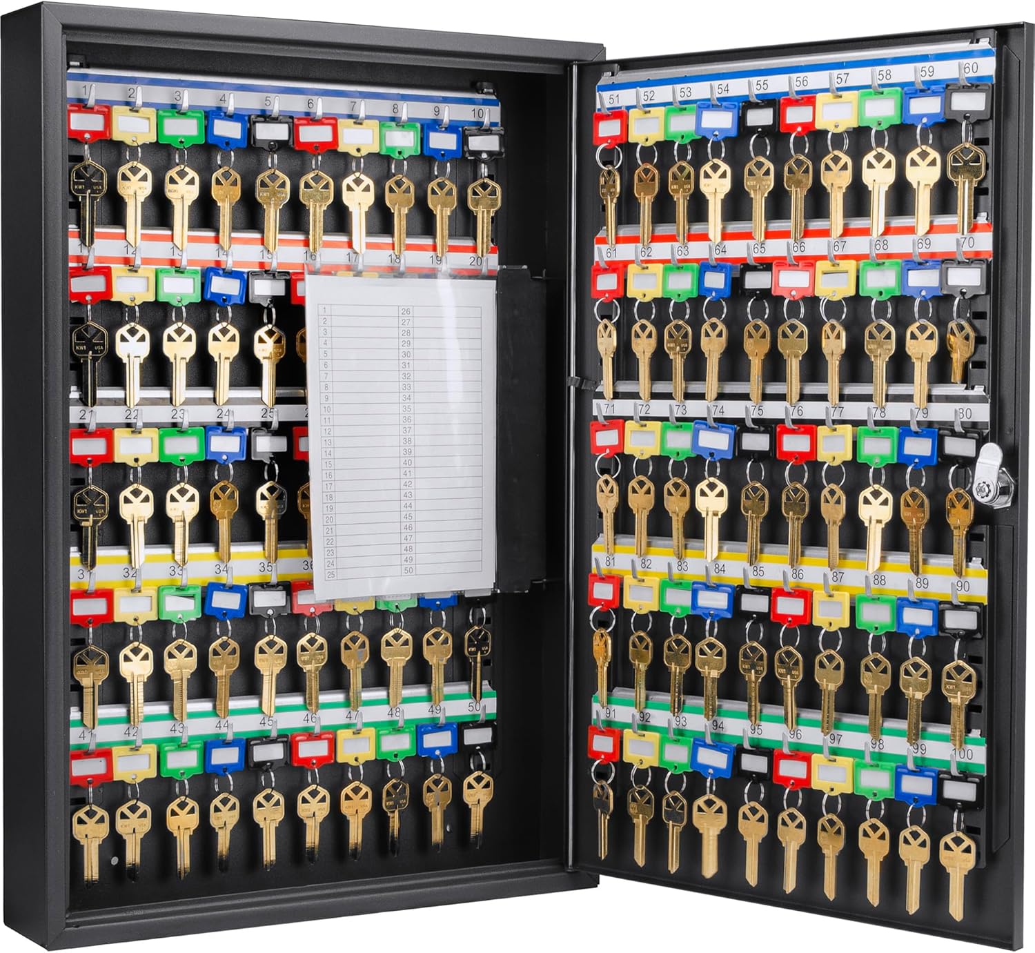 Barska 100-Position Key Lock Box – Solid Steel Key Cabinet with Adjustable Numbered Hooks, Key Log Sheet, Color Tags & Index Chart – Wall-Mount Organizer, Black Finish Key Organizer Keybox