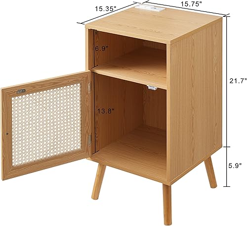 Miniatura 3 de Mesita de noche de ratán con estación de carga, mesa auxiliar bohemia con puerta decorada de ratán hecha a mano y patas de pino para dormitorio,
