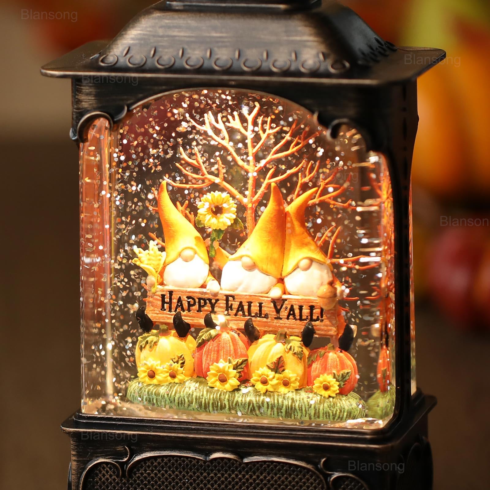 Blansong Fall Snow Globe Lantern Gnome Snow Globe Fall Decorations for Home Autumn Harvest Decor with Timer, USB and Battery Powered Sunflower Pumpkin Autumn Tree 10.2 inch