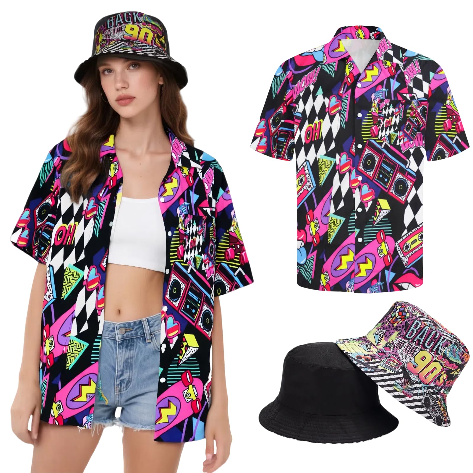 Camiseta hippie para mujer, traje hawaiano, blusa, disfraz de flores, camisa de los años 80, camisa vintage de los años 90, ropa informal, retro, tops para carnaval