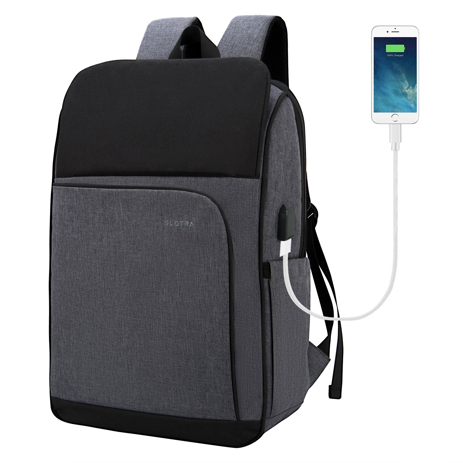 SLOTRA Laptop Backpack 14 15 inch Backpack with USB Charging Cable Business Casual Backpack for Men Women Organized Compartment School Bag for College Work Black Grey, 22L