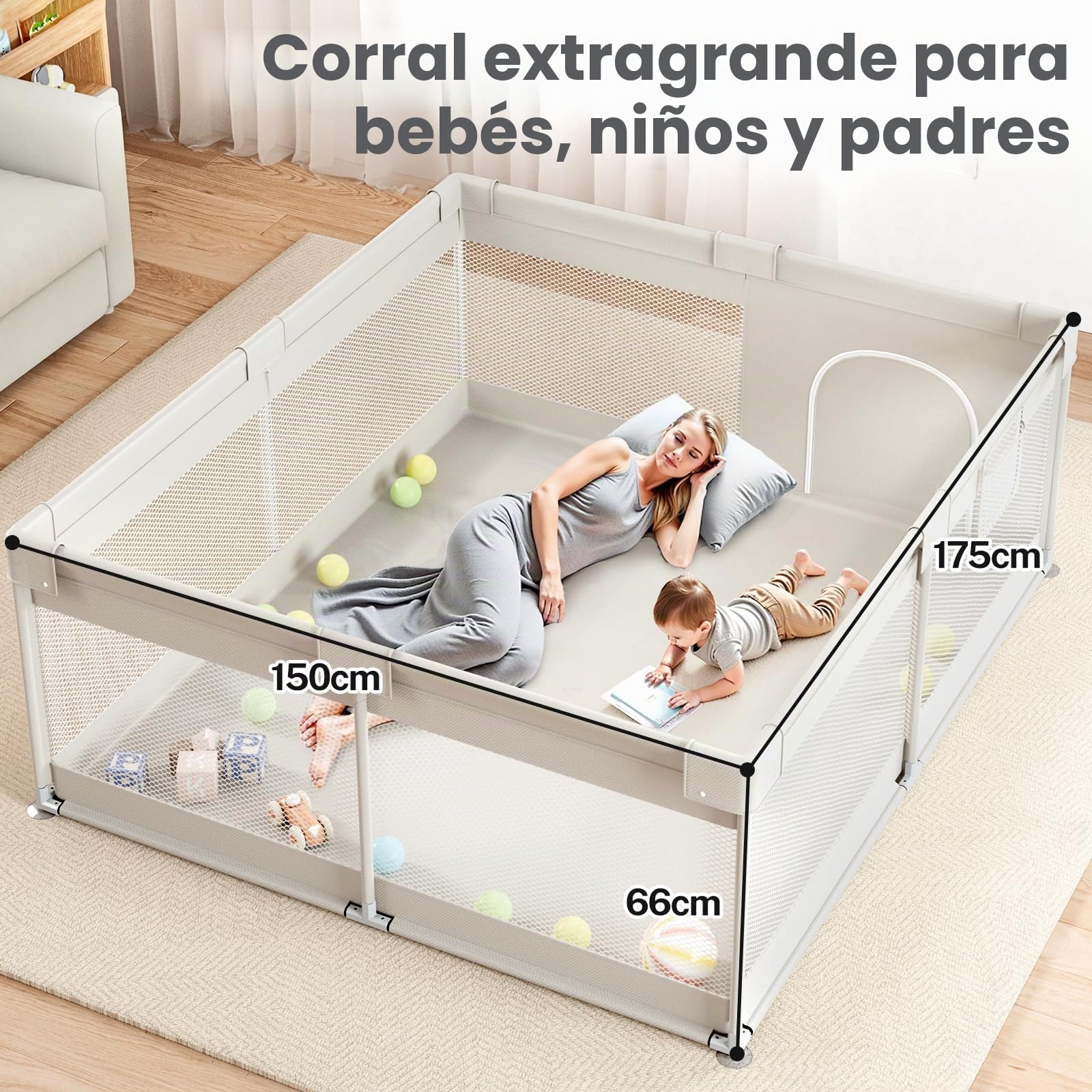 Parque Infantil Grande 175x150x64 cm – Corralito para Bebés XXL con Malla Transpirable, Fácil Montaje, Estructura Estable y Antideslizante para Casa y Jardín