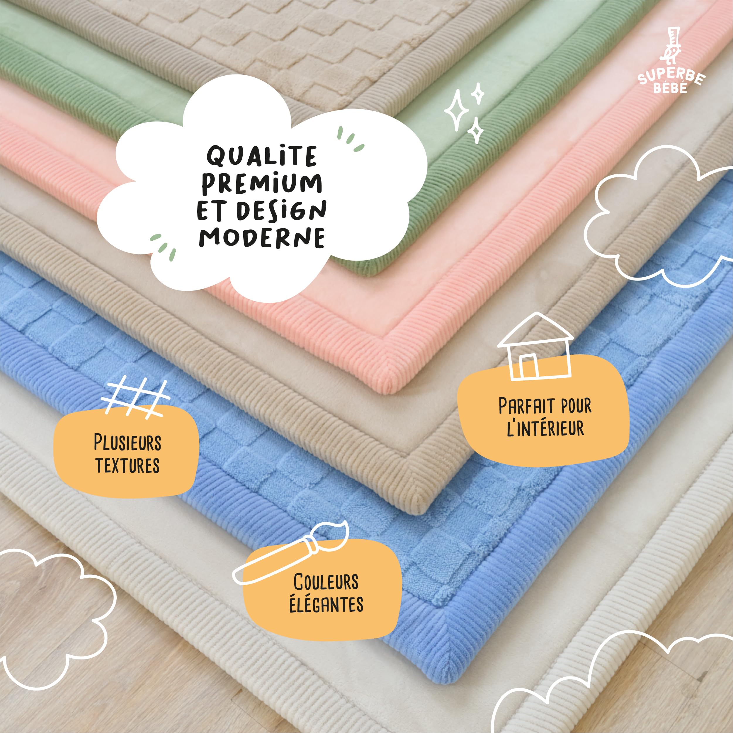 SUPERBE BEBE - Tapis De Jeu Et D’Éveil Bébé 150x200X2,5CM – Épais Et Anti-Choc - Mousse Mémoire De Forme Non Toxique Oeko-Tex – Tapis Chambre Bébé Et Enfant - Design Elegant (Beige UNI)