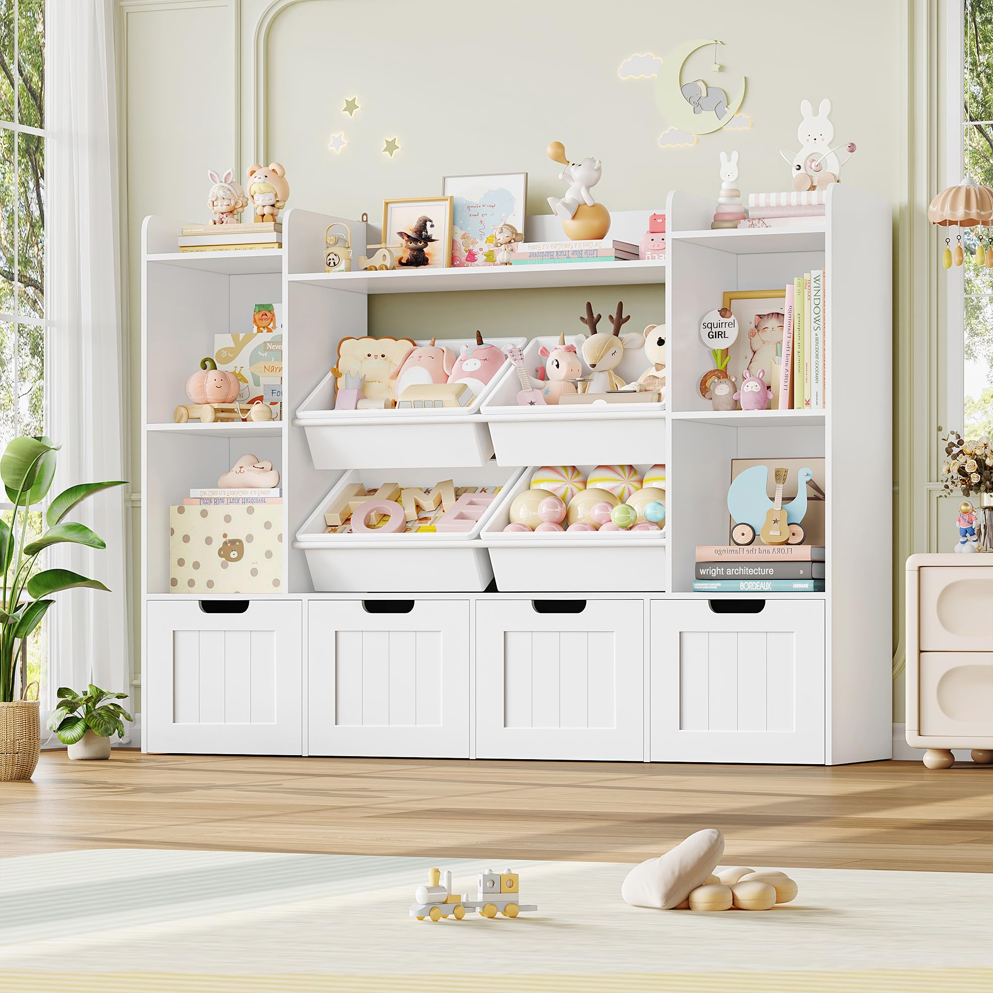 Toy Storage Organizer, Toy Organizer with 4 Movable Drawers and 4 Box Bins, Kids Playroom Storage Organization with Hidden Wheels for Living Room, Kids Room